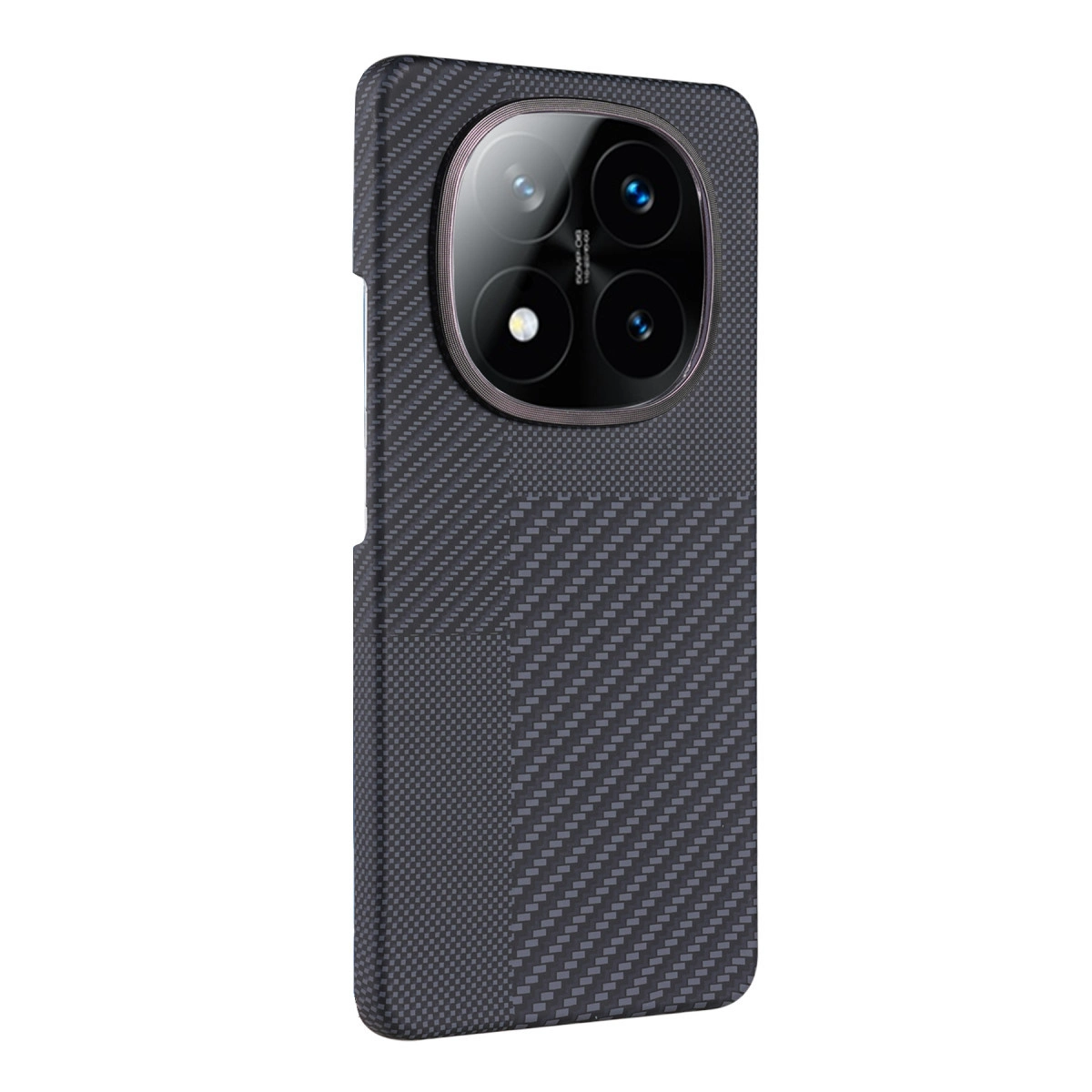 Karbon fiber desenli ve kamera modüllü koyu gri telefon kılıfı.