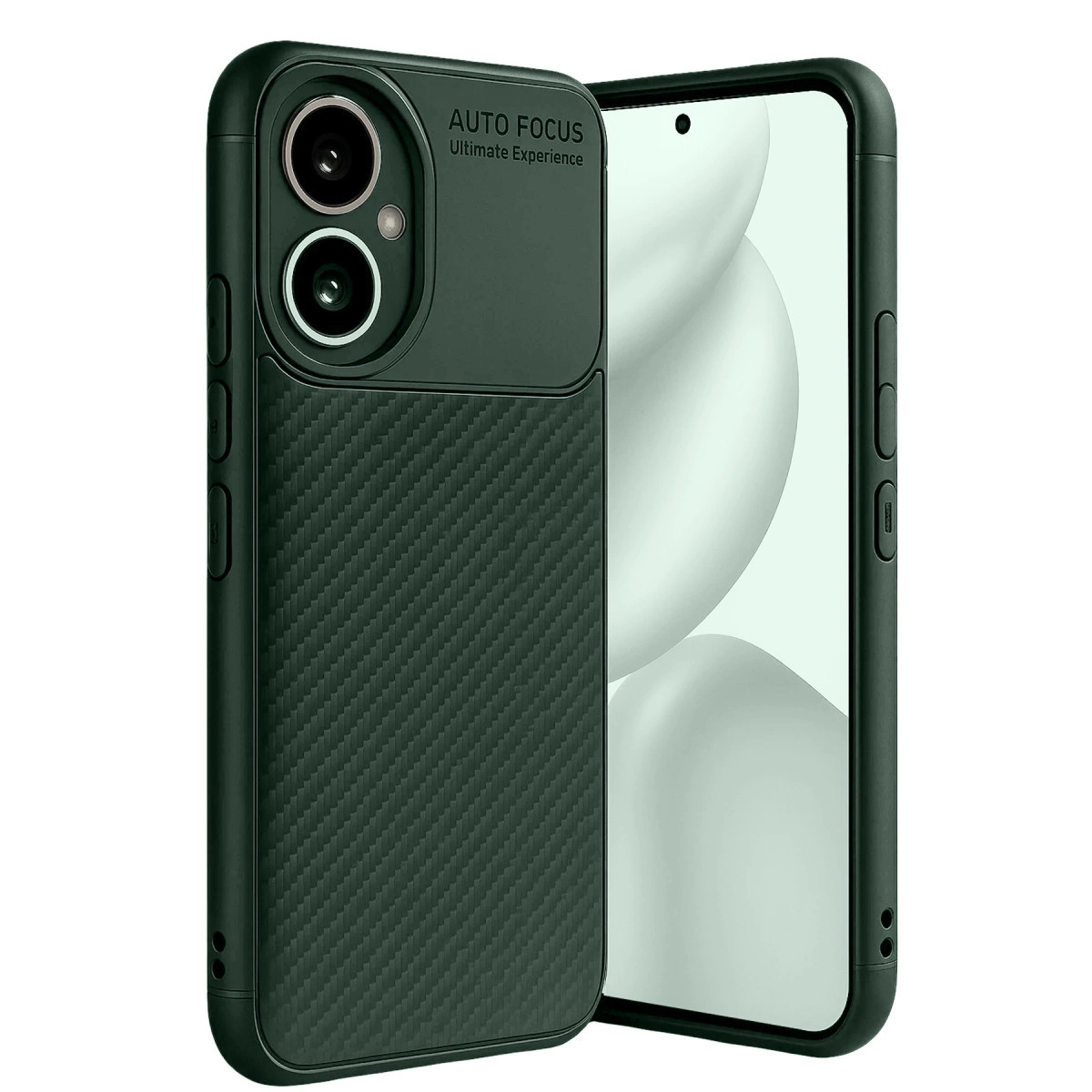 Karbon dokulu, çift kamera kesimli koyu yeşil telefon kılıfı.