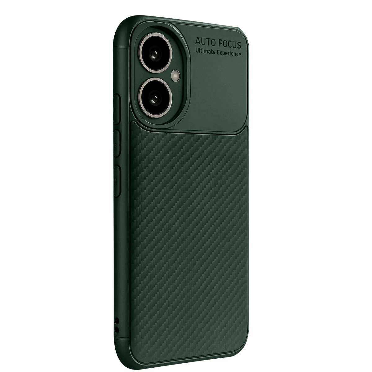Karbon fiber dokulu, çift kamera kesimli koyu yeşil telefon kılıfı.