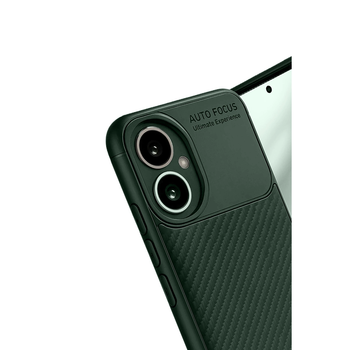 Karbon fiber dokulu, kamera kesimli koyu yeşil telefon kılıfı.