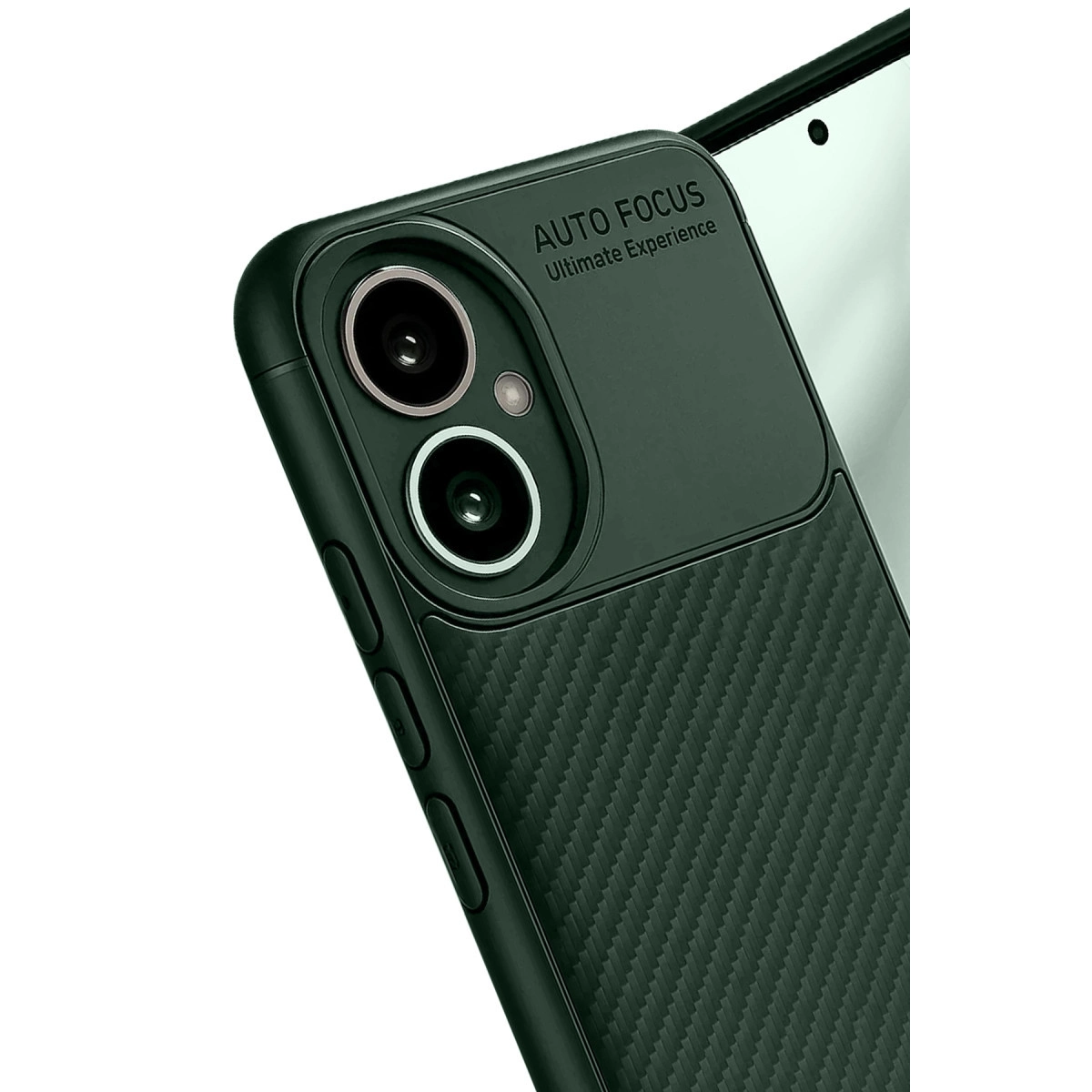 Karbon desenli, iki lensli koyu yeşil telefon kılıfı.