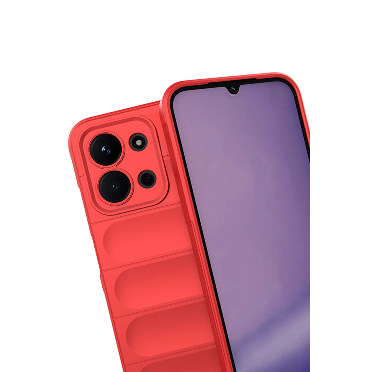 Kamera sistemli ve mor ekranlı kırmızı telefon kılıfı.