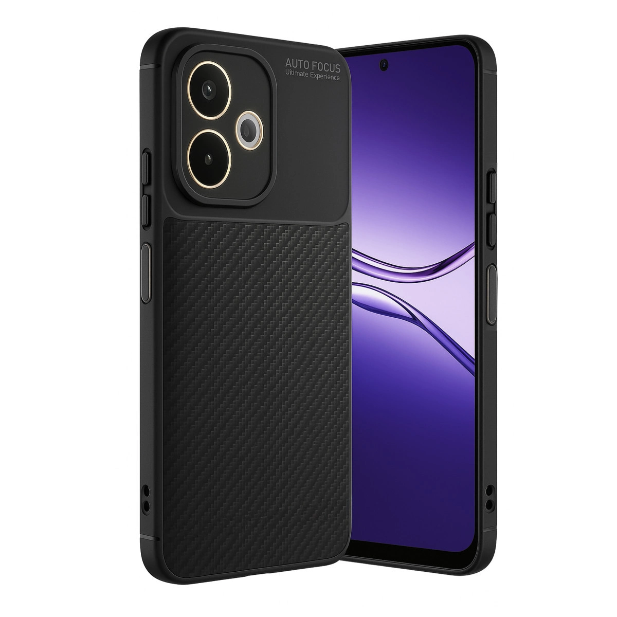 Karbon desenli ve kamera çıkıntılı siyah telefon kılıfı, akıllı telefonun yanında.