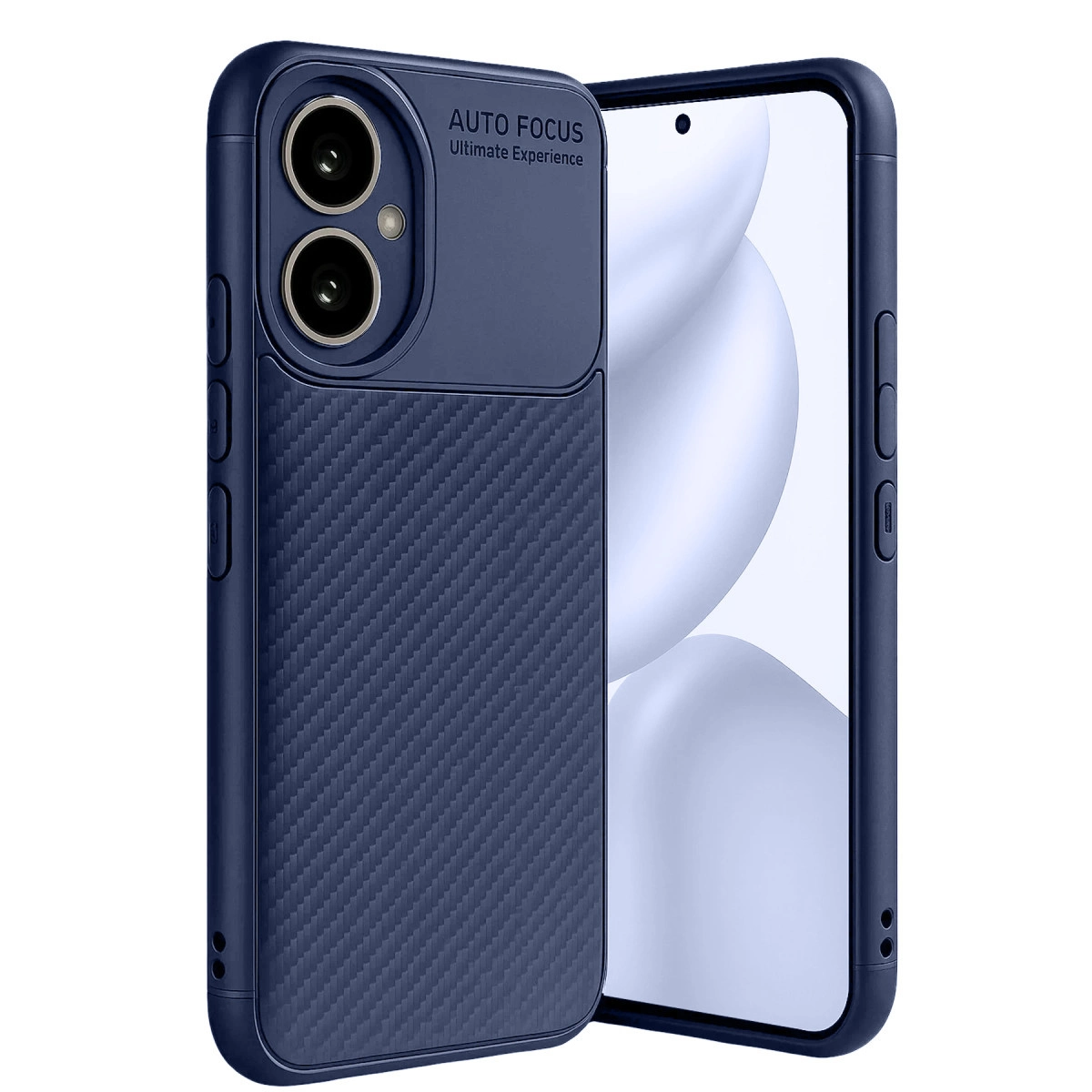Karbon desenli ve kamera kesimli lacivert telefon kılıfı.