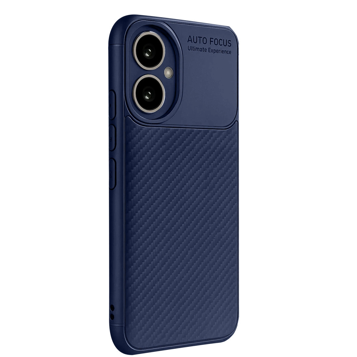 Karbon fiber dokulu, çift kameralı, lacivert telefon kılıfı.