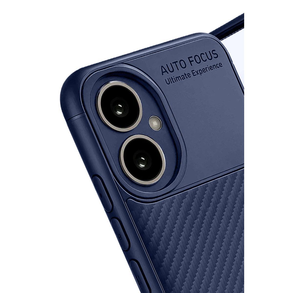 Karbon fiber dokulu, iki kameralı lacivert telefon kılıfı.