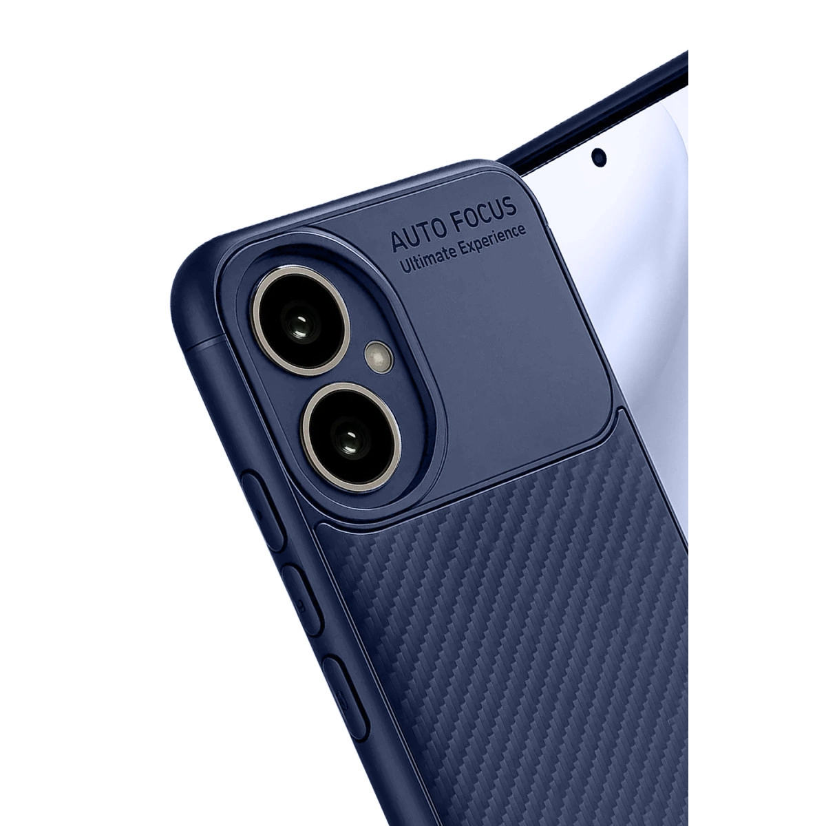 Karbon dokulu, çift kamera kesimli lacivert telefon kılıfı.