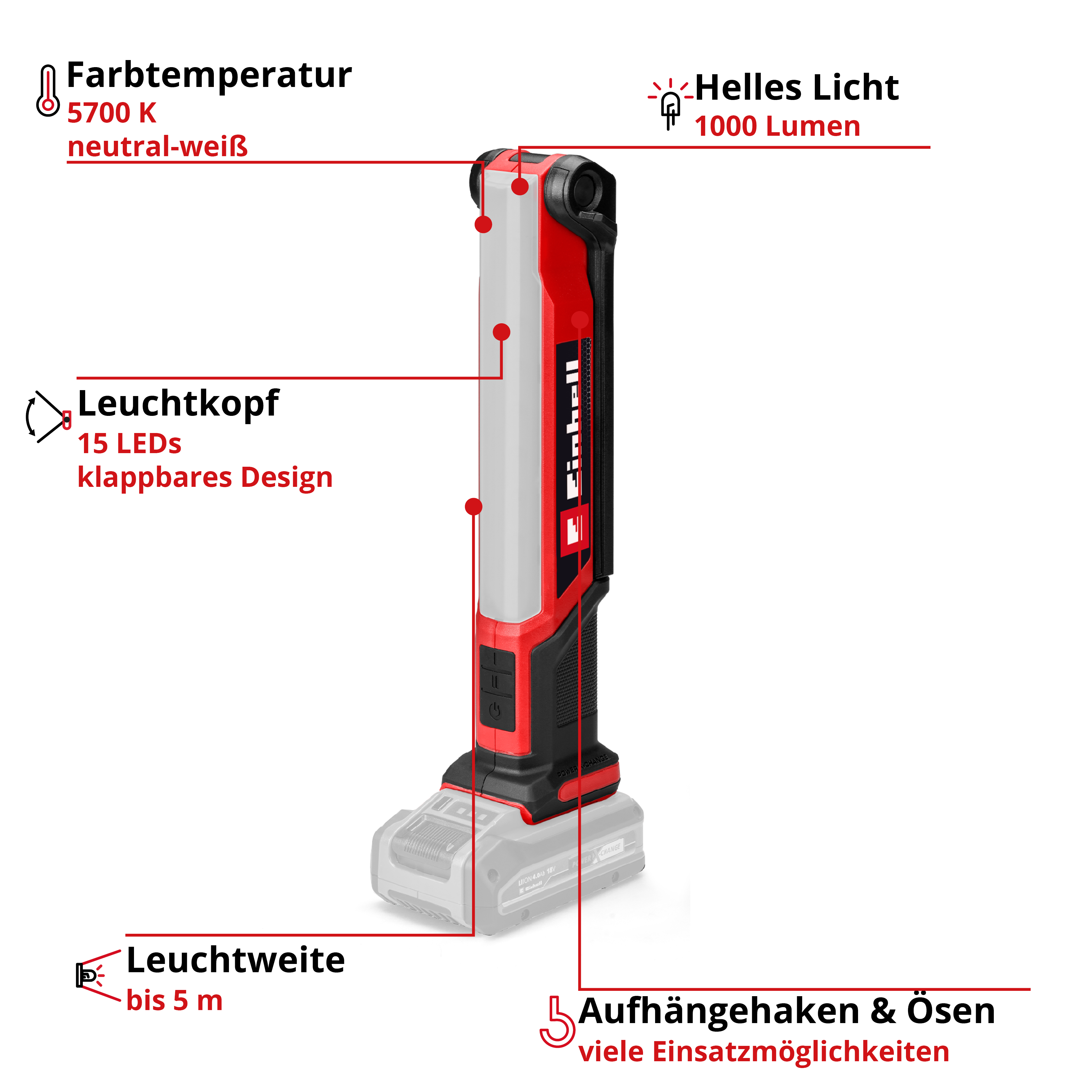 Einhell Arbeitsleuchte: 5700K, 1000 Lumen, 15 LEDs, 5m Reichweite, klappbar, mit Haken.