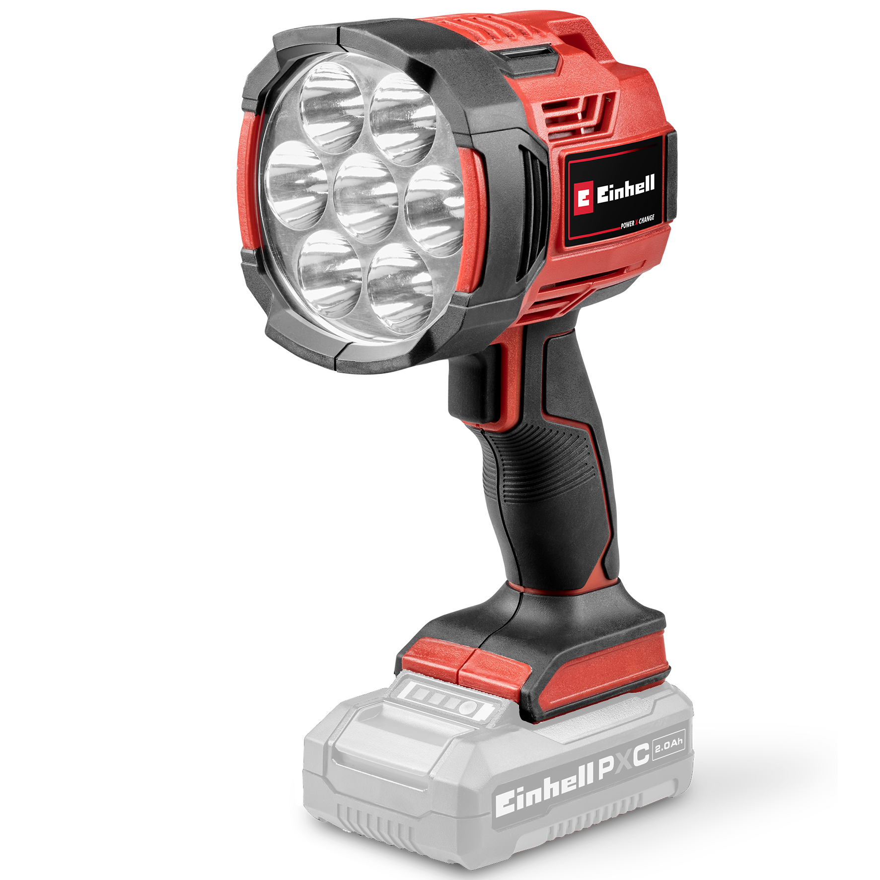 Ein roter und schwarzer Akku-Strahler mit sieben LEDs und einem Akku.