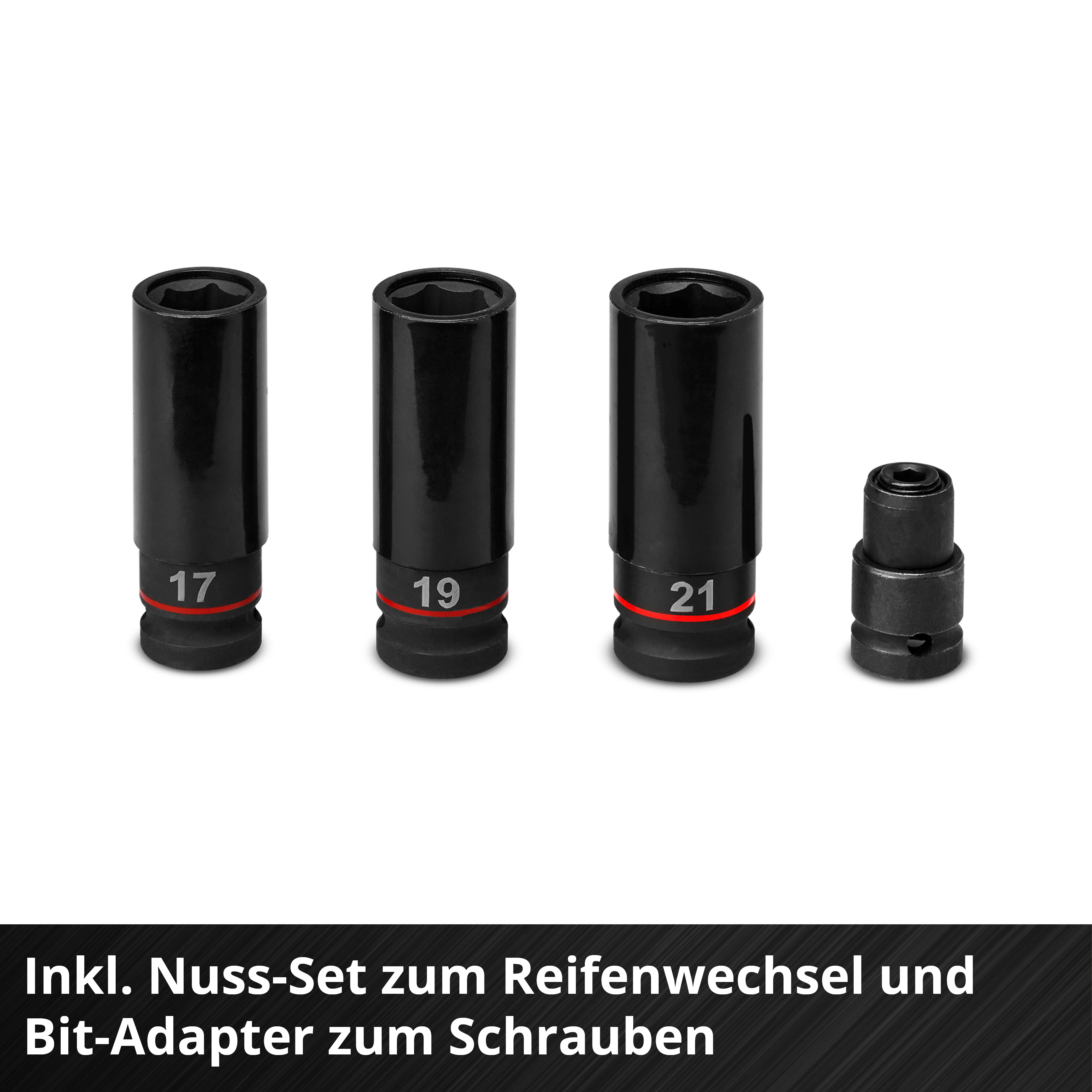 Drei schwarze Stecknüsse (17, 19, 21) und ein Adapter auf weißem Grund.