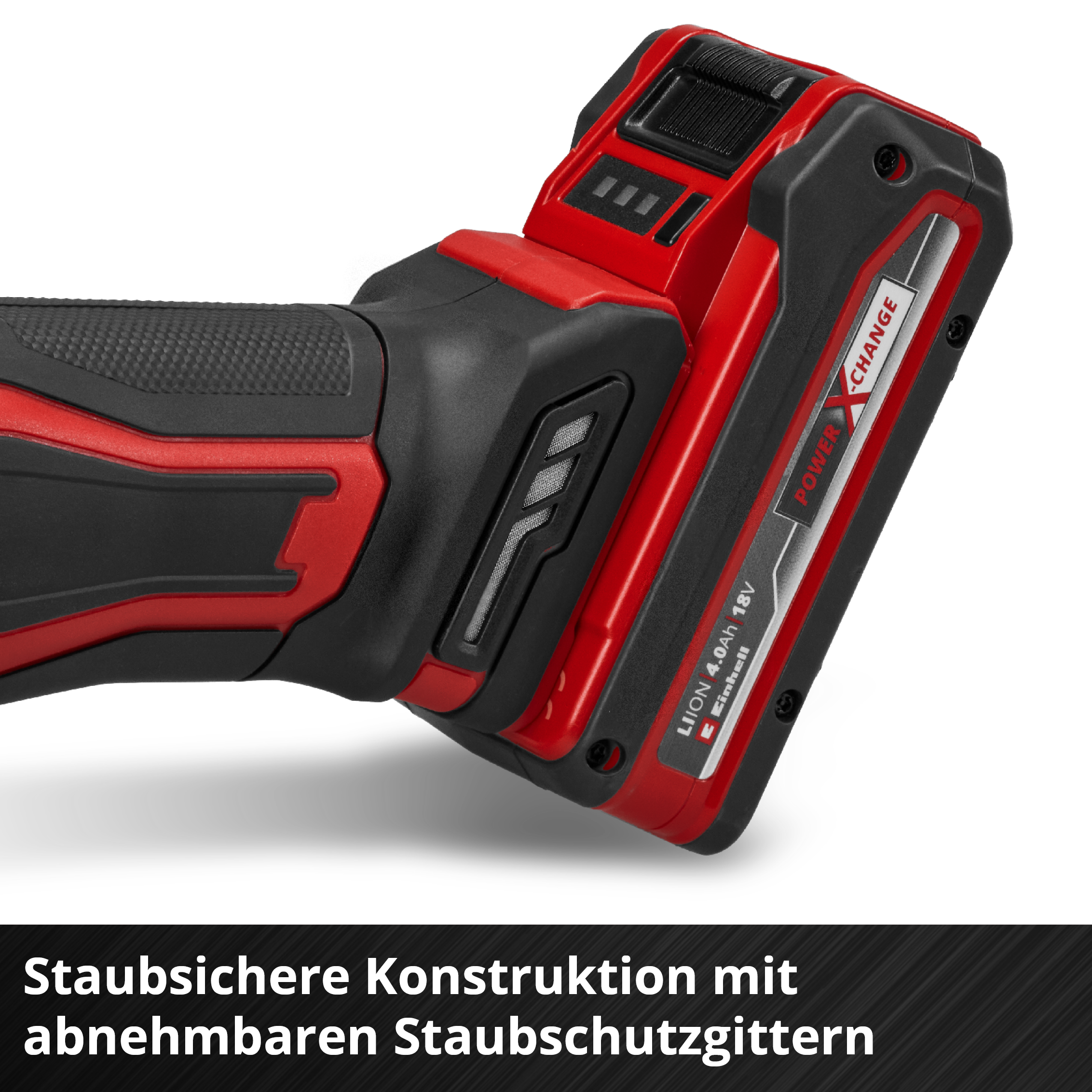 Rotes und schwarzes Elektrowerkzeug mit Akku, Nahaufnahme.
