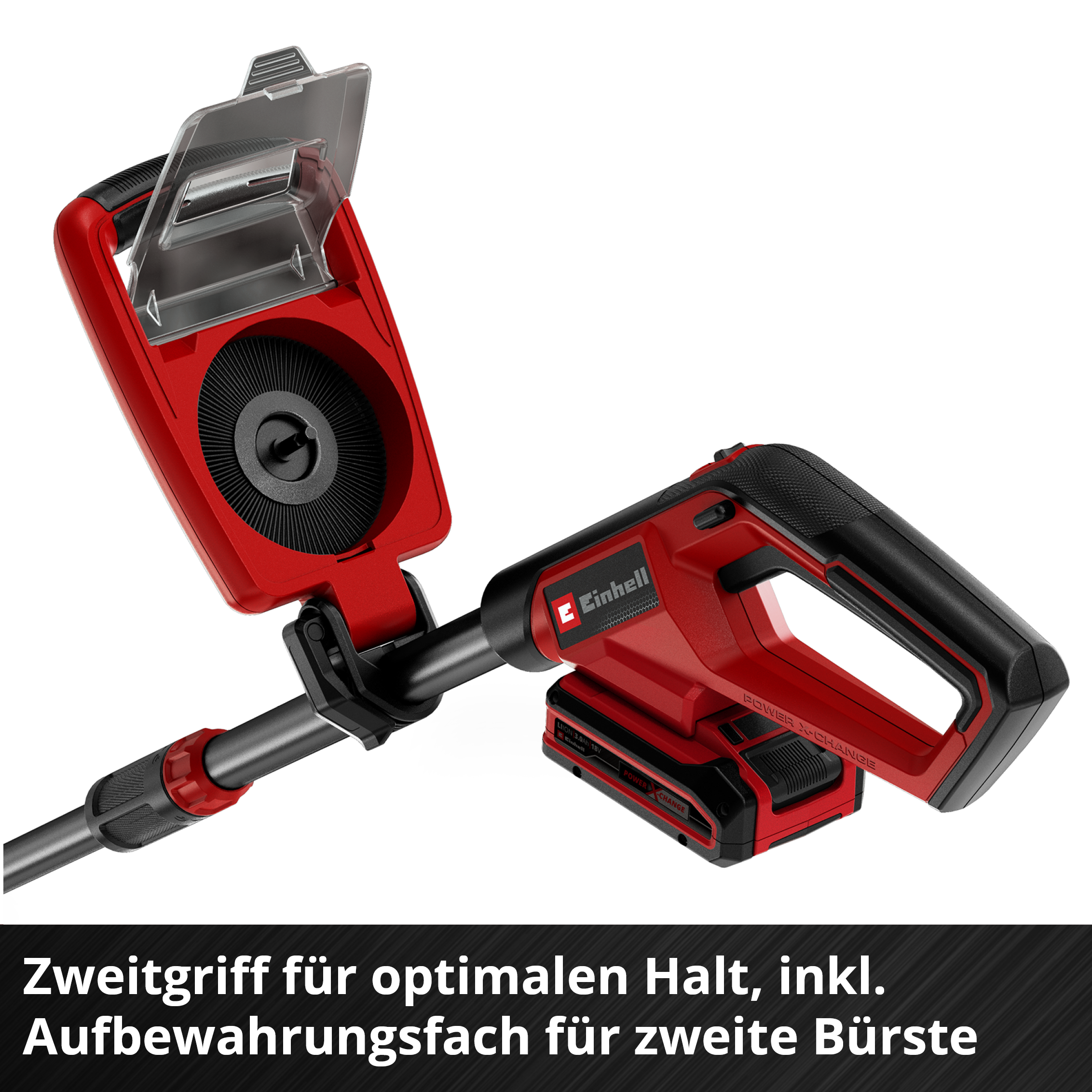 Roter Einhell Akku-Laubbläser mit schwarzem Griff und transparentem Deckel.