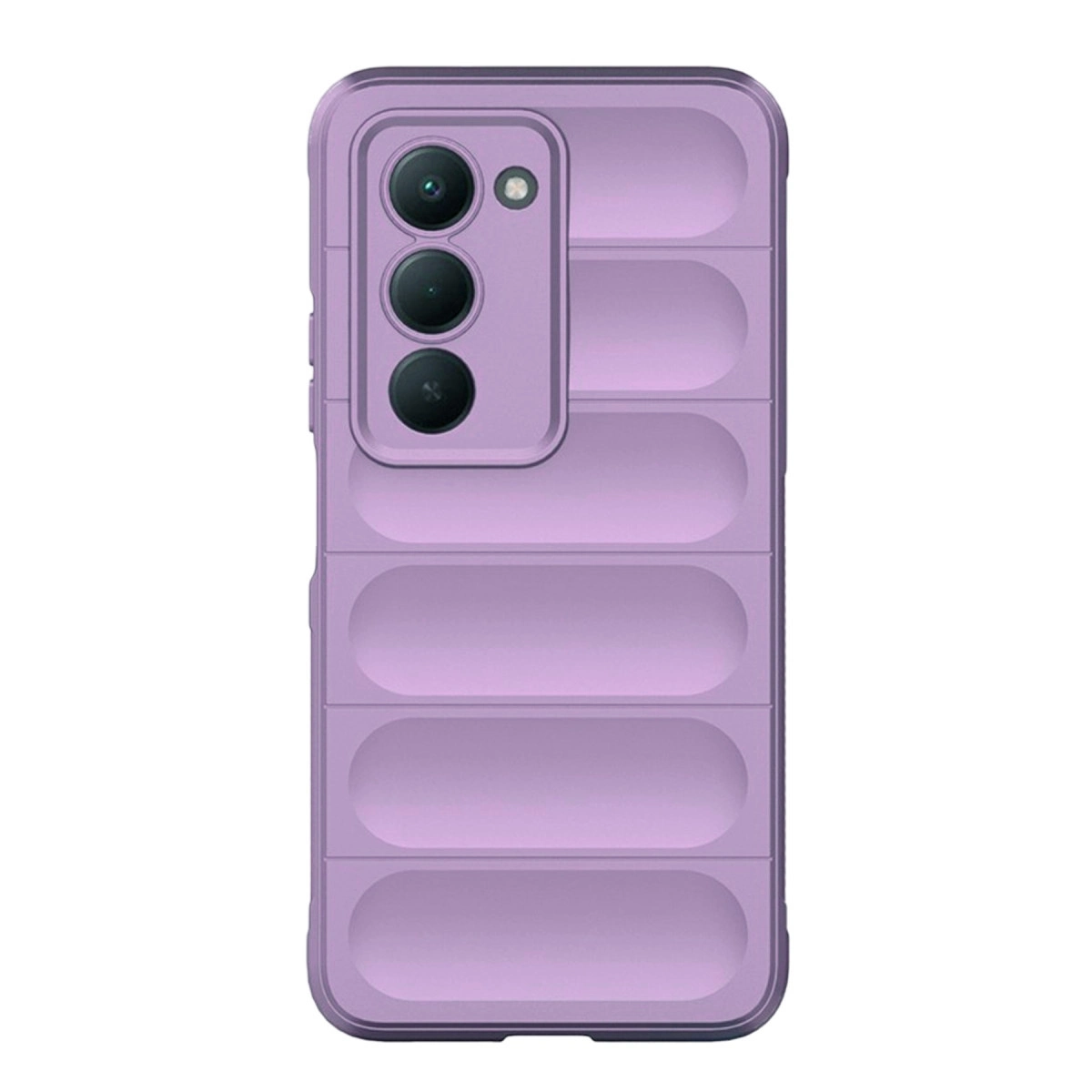 Üç kamera lensli ve yatay oluklu mor telefon kılıfı.