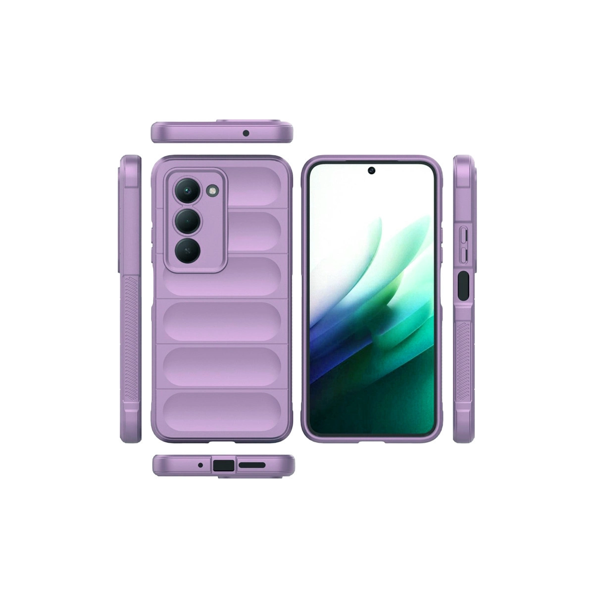 Kameralı ve yan görünümlü mor telefon kılıfı. Beyaz arka plan.