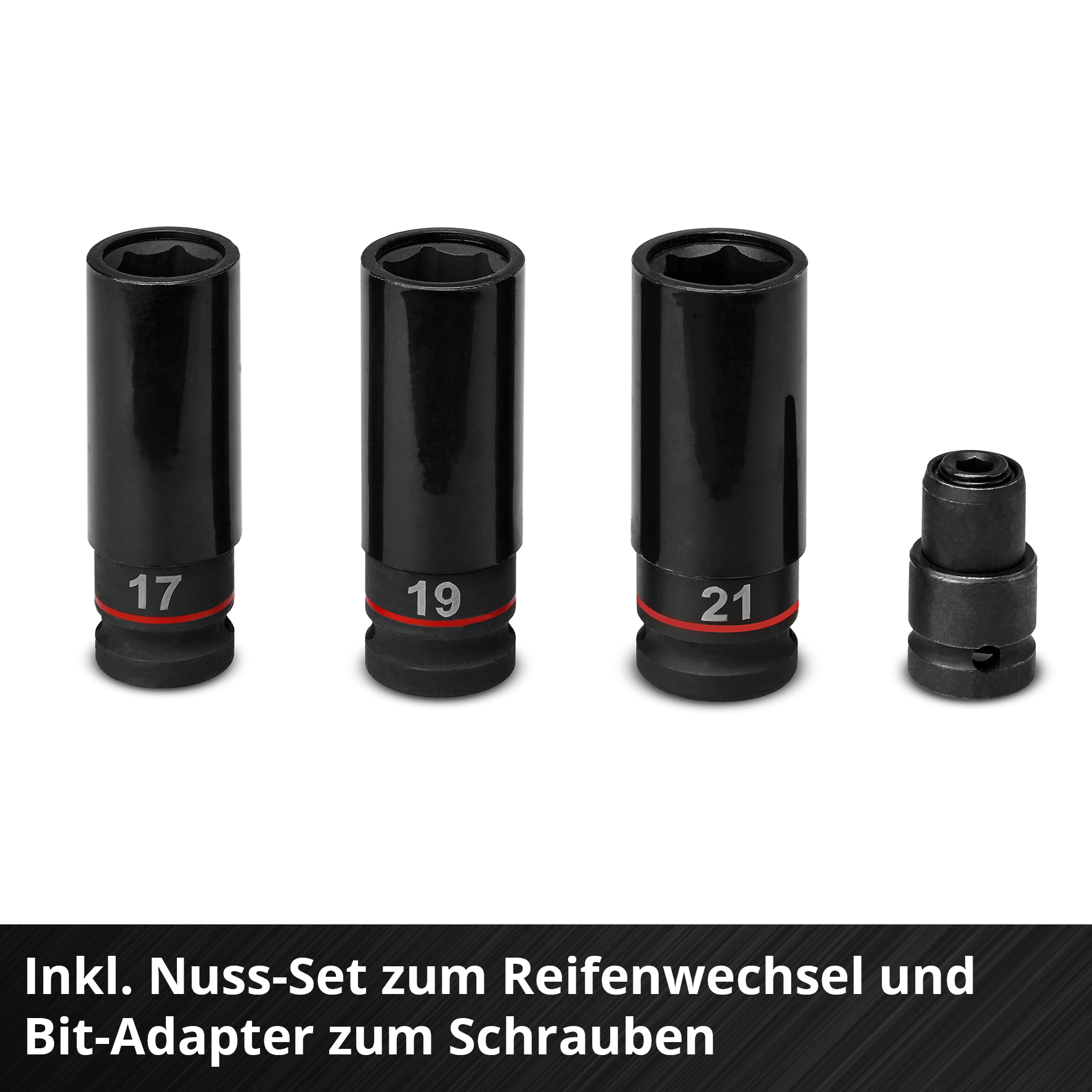 Vier schwarze Stecknüsse mit roten Markierungen und Größen 17, 19, 21 und ein Bit-Adapter.