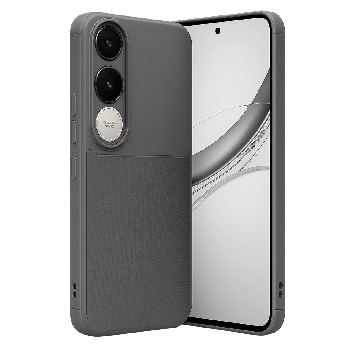 İki kamera lensli, nervürlü dokulu gri telefon kılıfı.