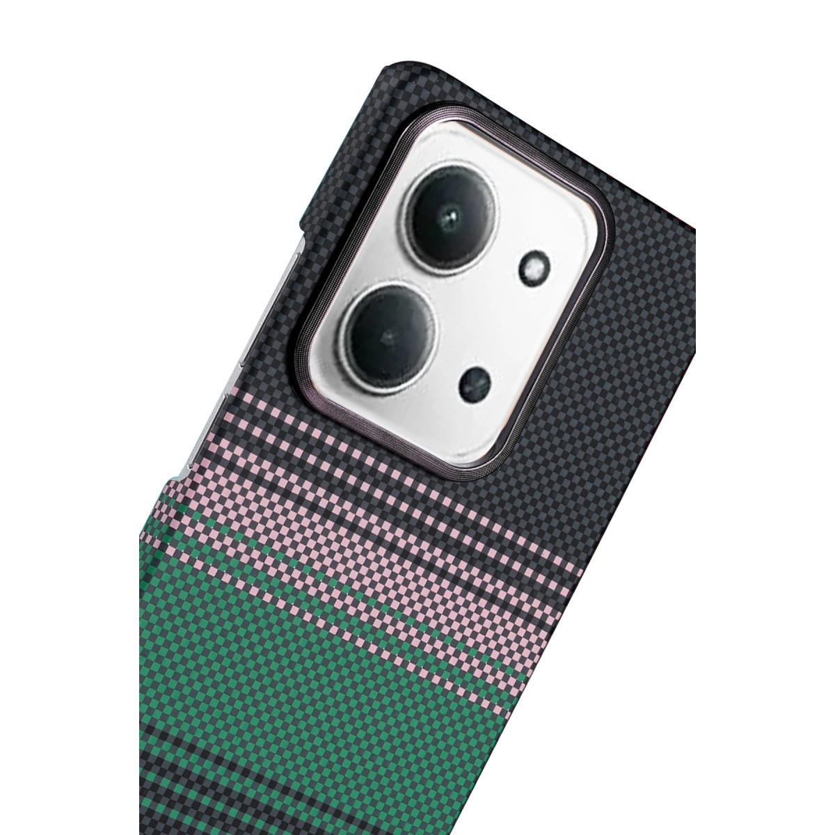 Karbon desenli ve geometrik yeşil/pembe tasarımlı akıllı telefon arkası.