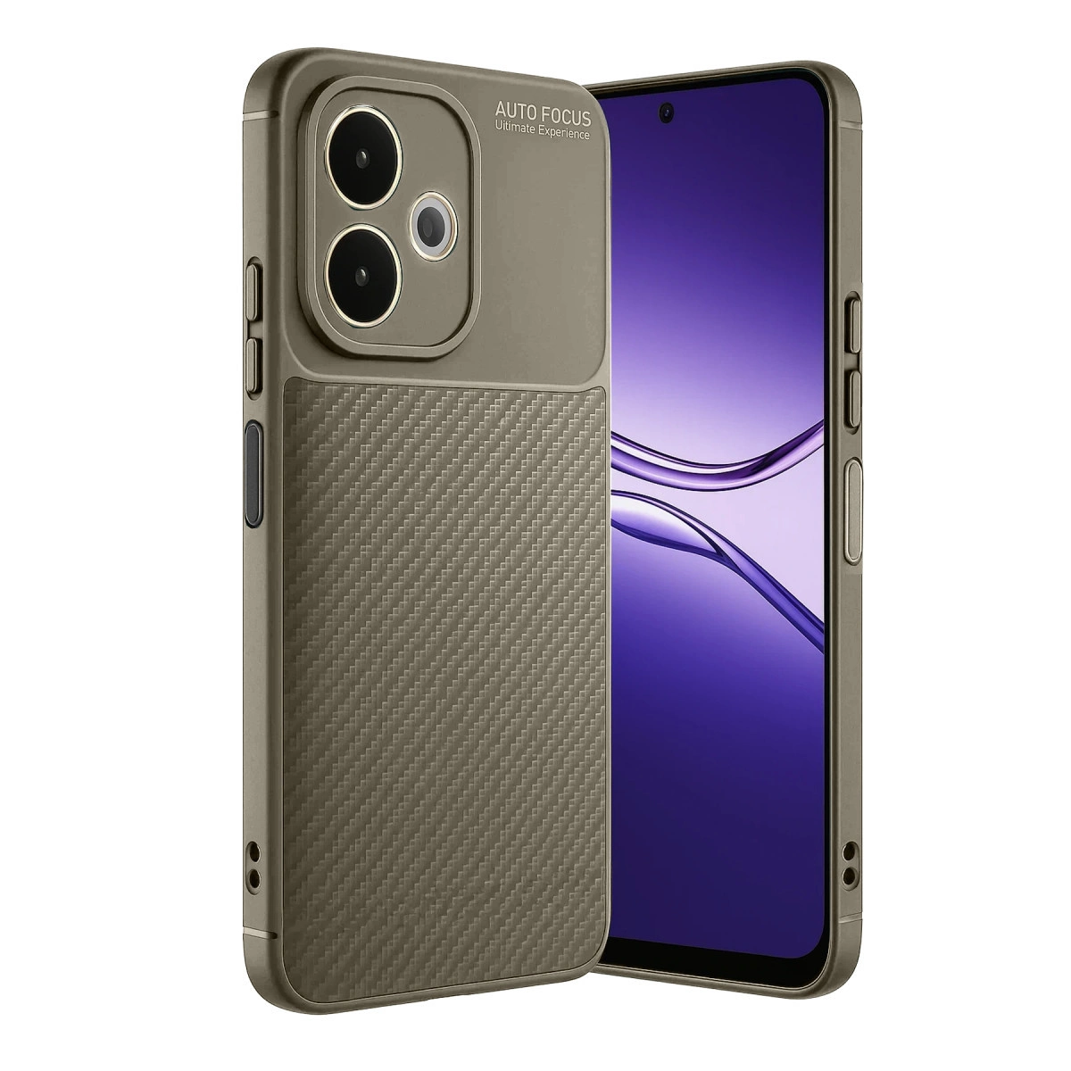Karbon desenli ve kamera yazılı kahverengi telefon kılıfı beyaz arka plan üzerinde.