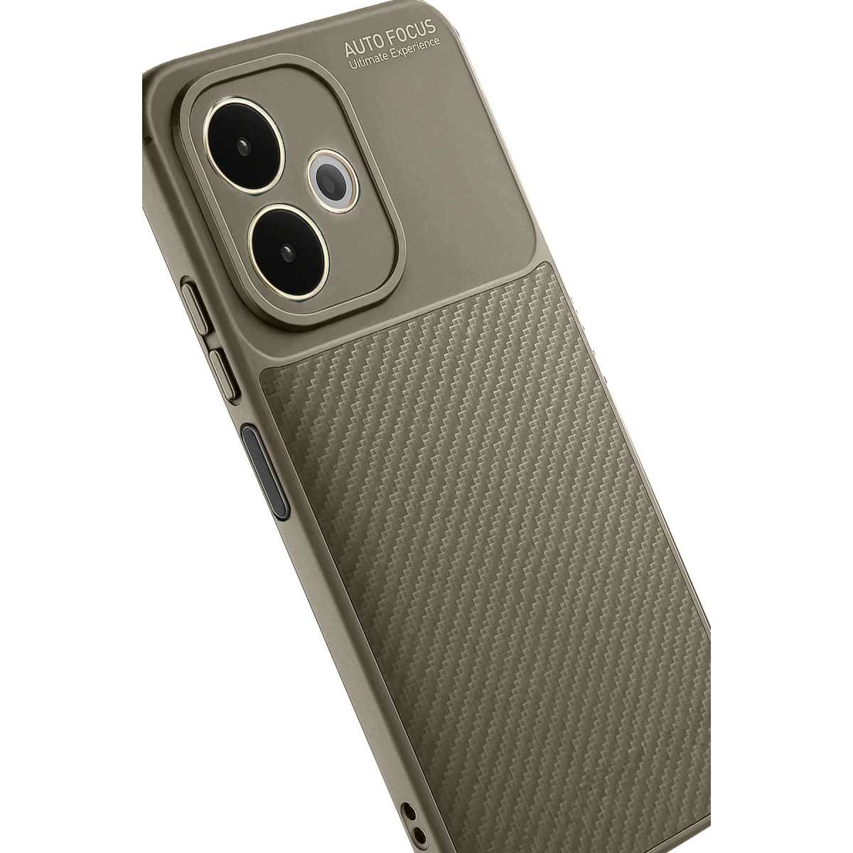 Karbon desenli ve üçlü kamera kesimli gri telefon kılıfı.