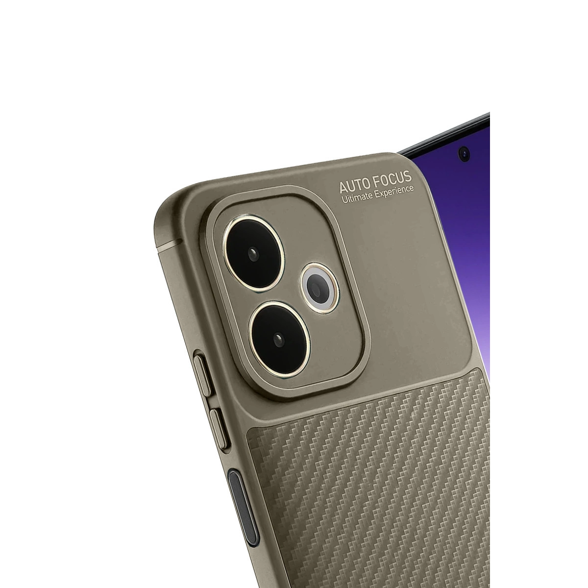 Üç kameralı, karbon fiber desenli gri telefon kılıfı.