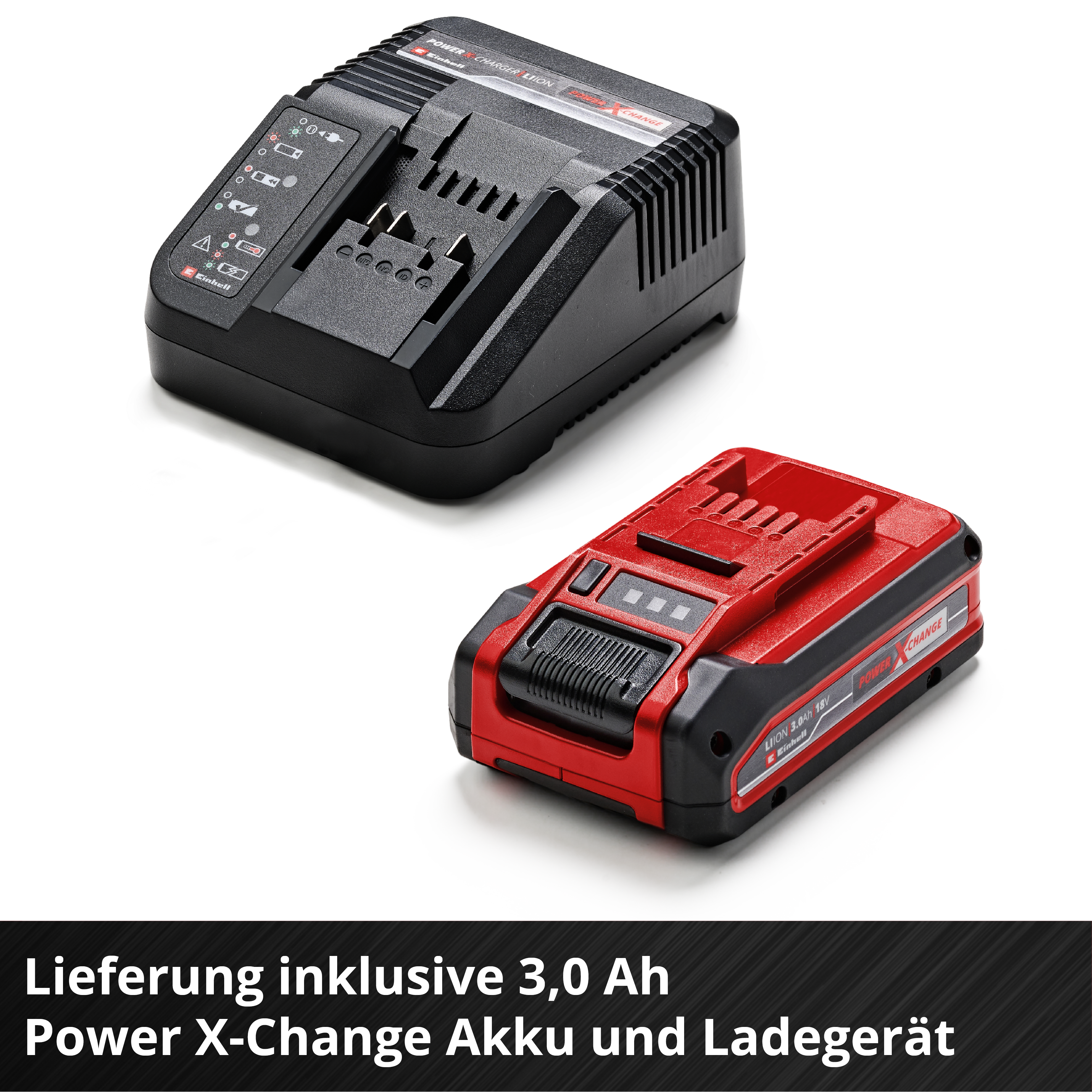 Schwarzes Ladegerät und roter Akku mit Ladeanzeige auf weißem Hintergrund.