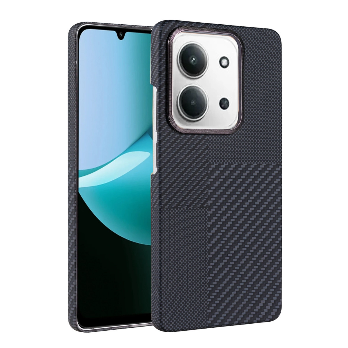 Kamera dizilimli, karbon fiber desenli kılıfta siyah akıllı telefon.