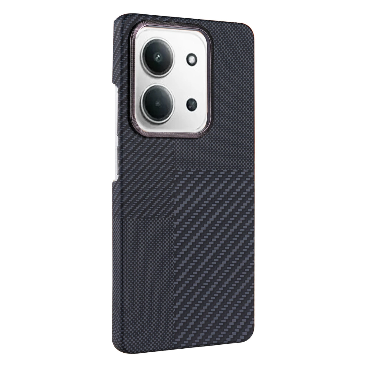 Karbon fiber desenli siyah telefon, çift lensli kamera ünitesi.