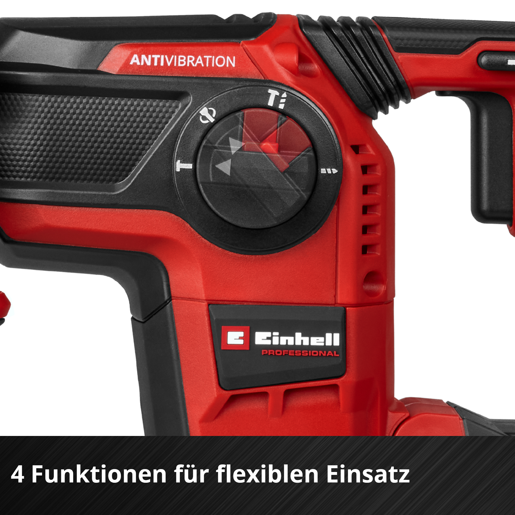 Roter Hammerbohrer mit schwarzem Griff und Einstellknopf. Markierung 'ANTIVIBRATION'.