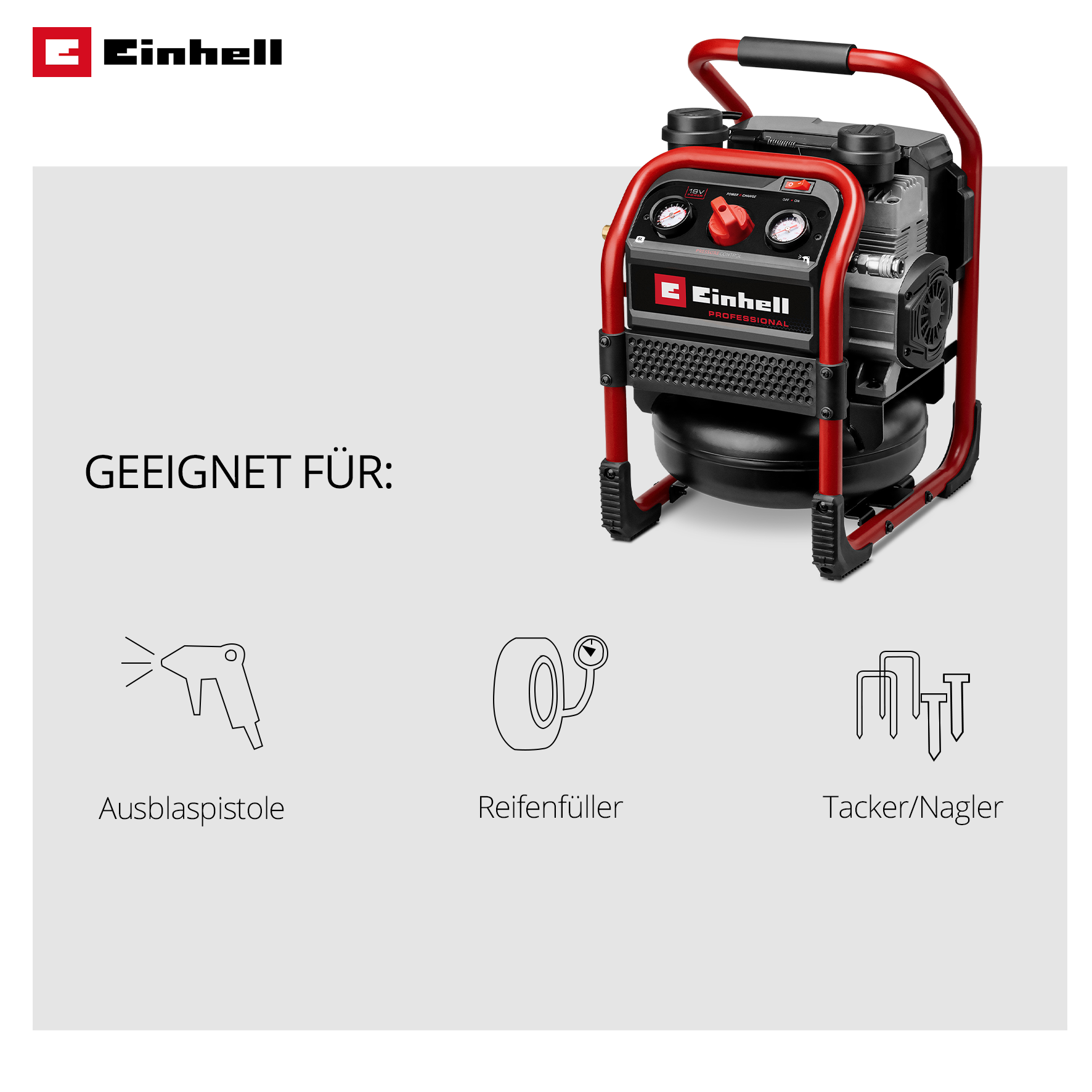 Compressore Einhell con accessori: pistola a spruzzo, gonfiatore pneumatici, graffatrice/chiodatrice.