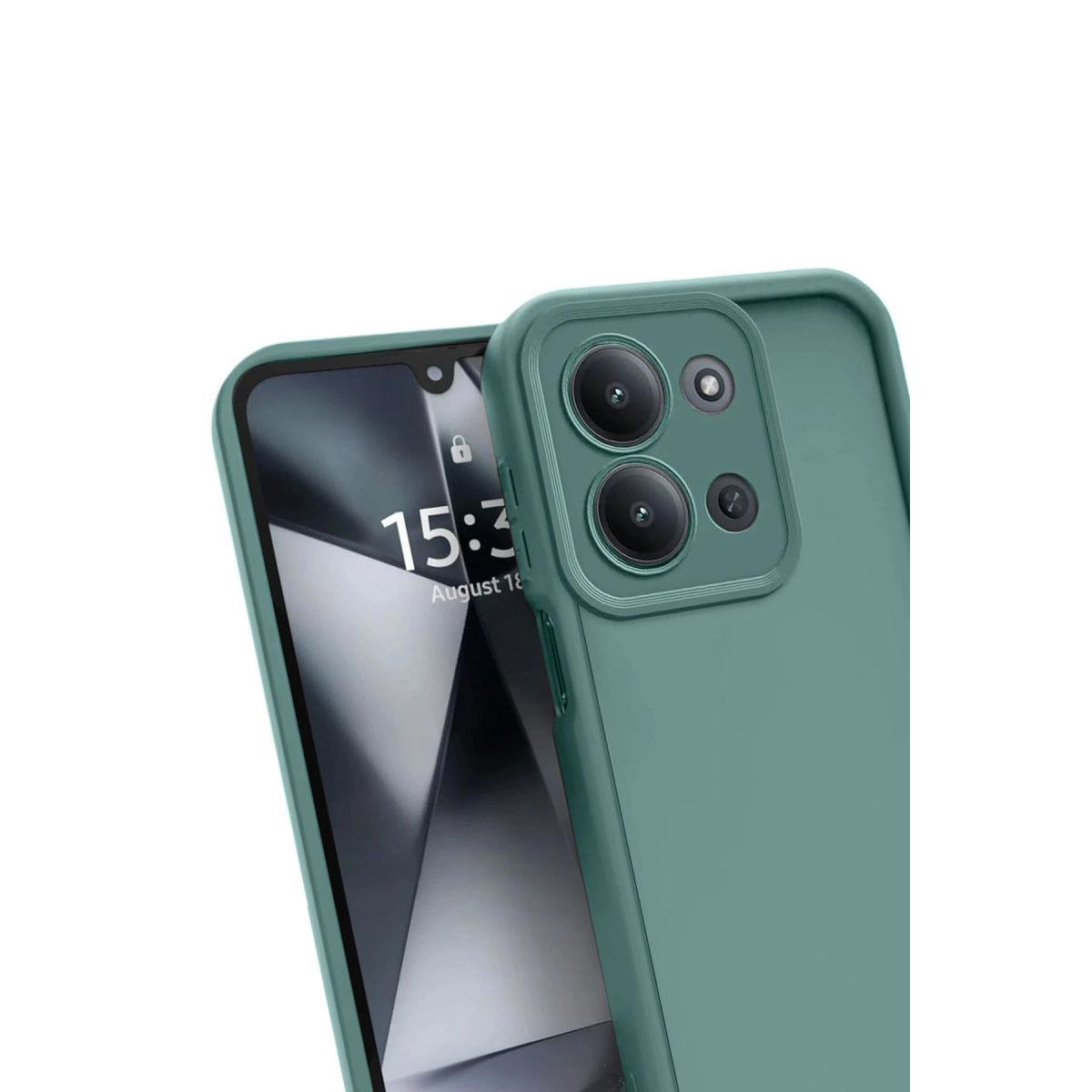 Kamera modülüne ve kilitli ekrana sahip yeşil telefon kılıfı.