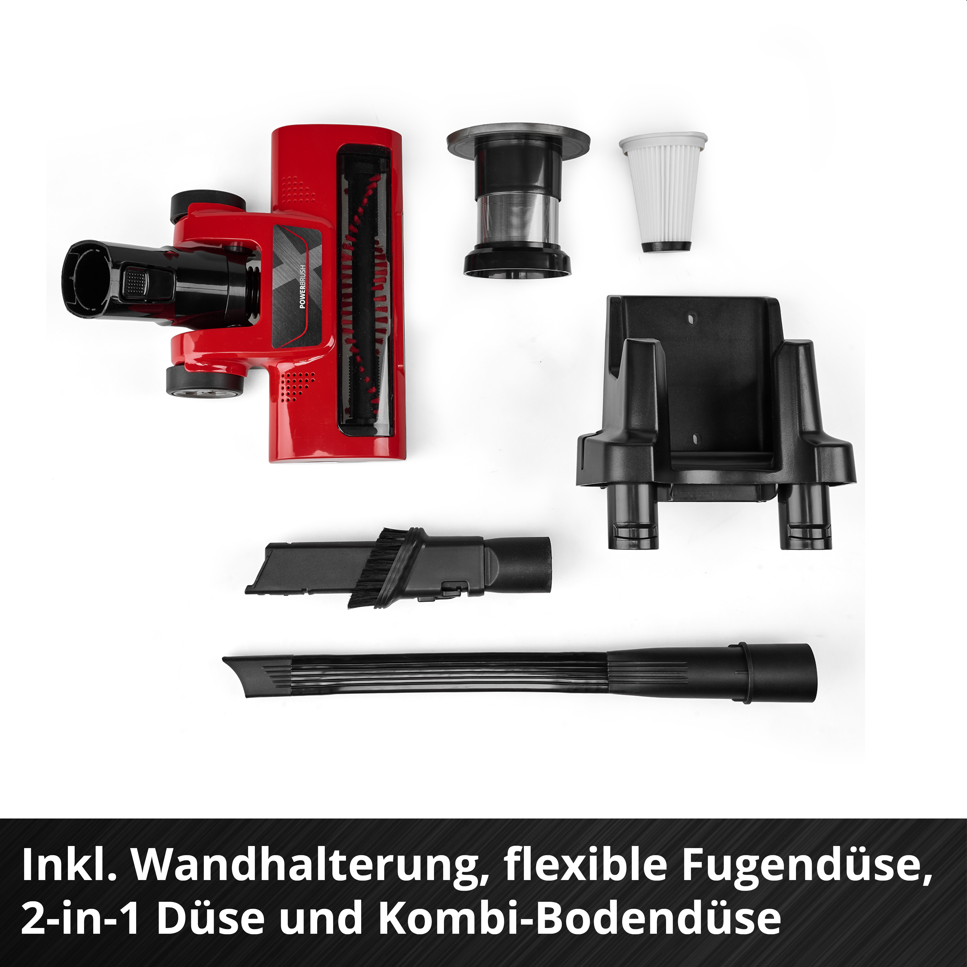 Roter Staubsaugeraufsatz mit Zubehör: Wandhalterung, Filter, Düsen.