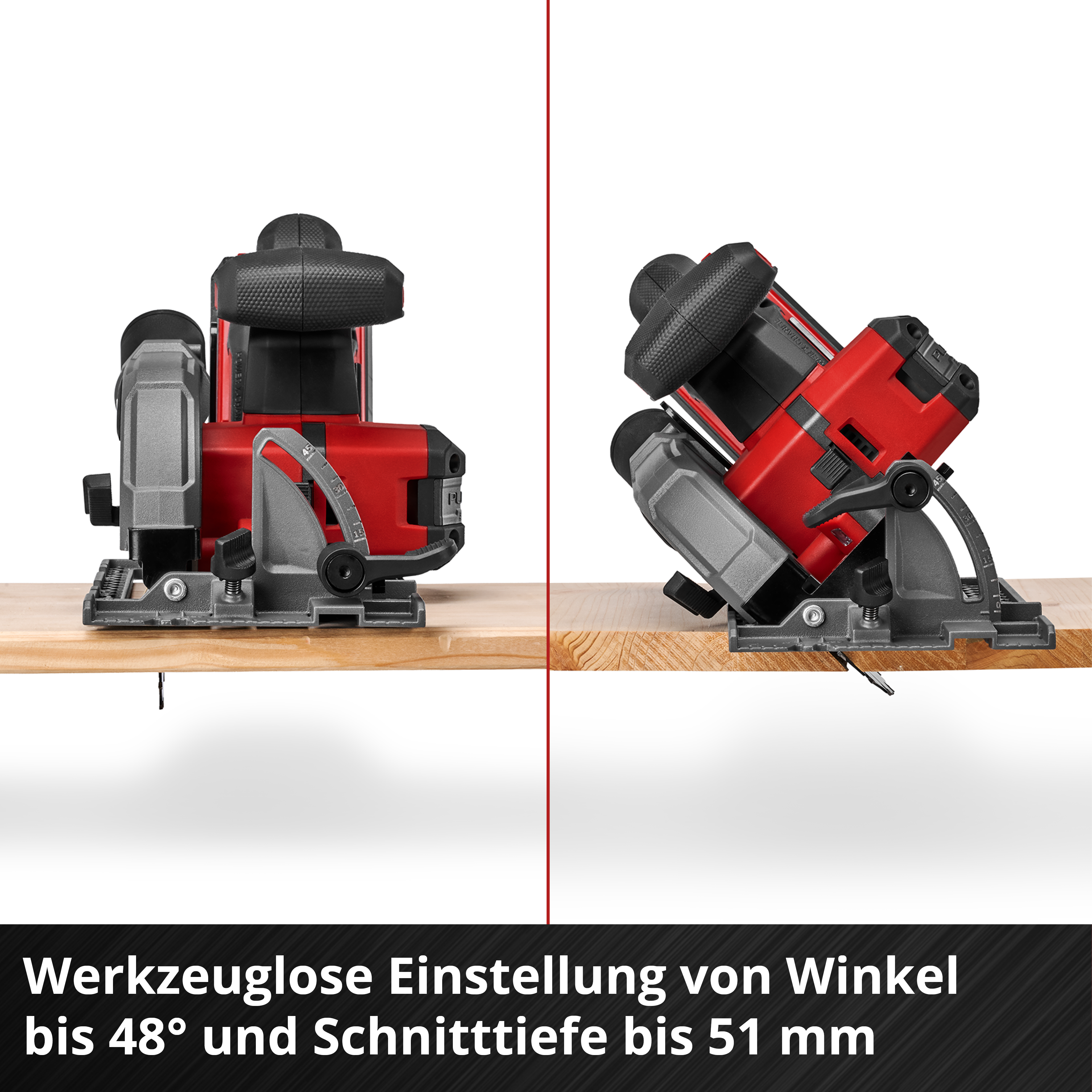 Rot-grauer Kreissägenaufsatz auf Holz. Winkel bis 48°, Tiefe bis 51mm.