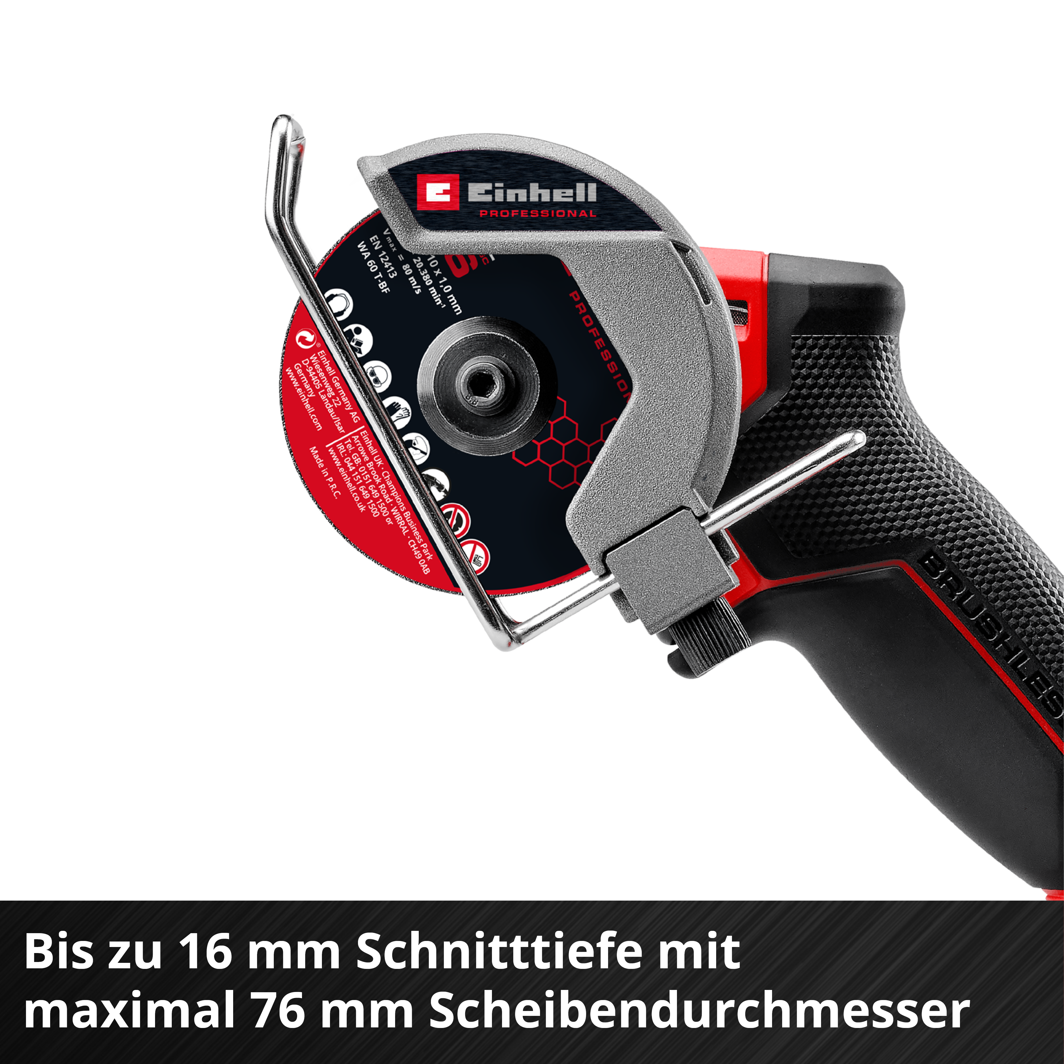 Einhell Kreissäge mit 76mm Scheibendurchmesser und 16mm Schnitttiefe.