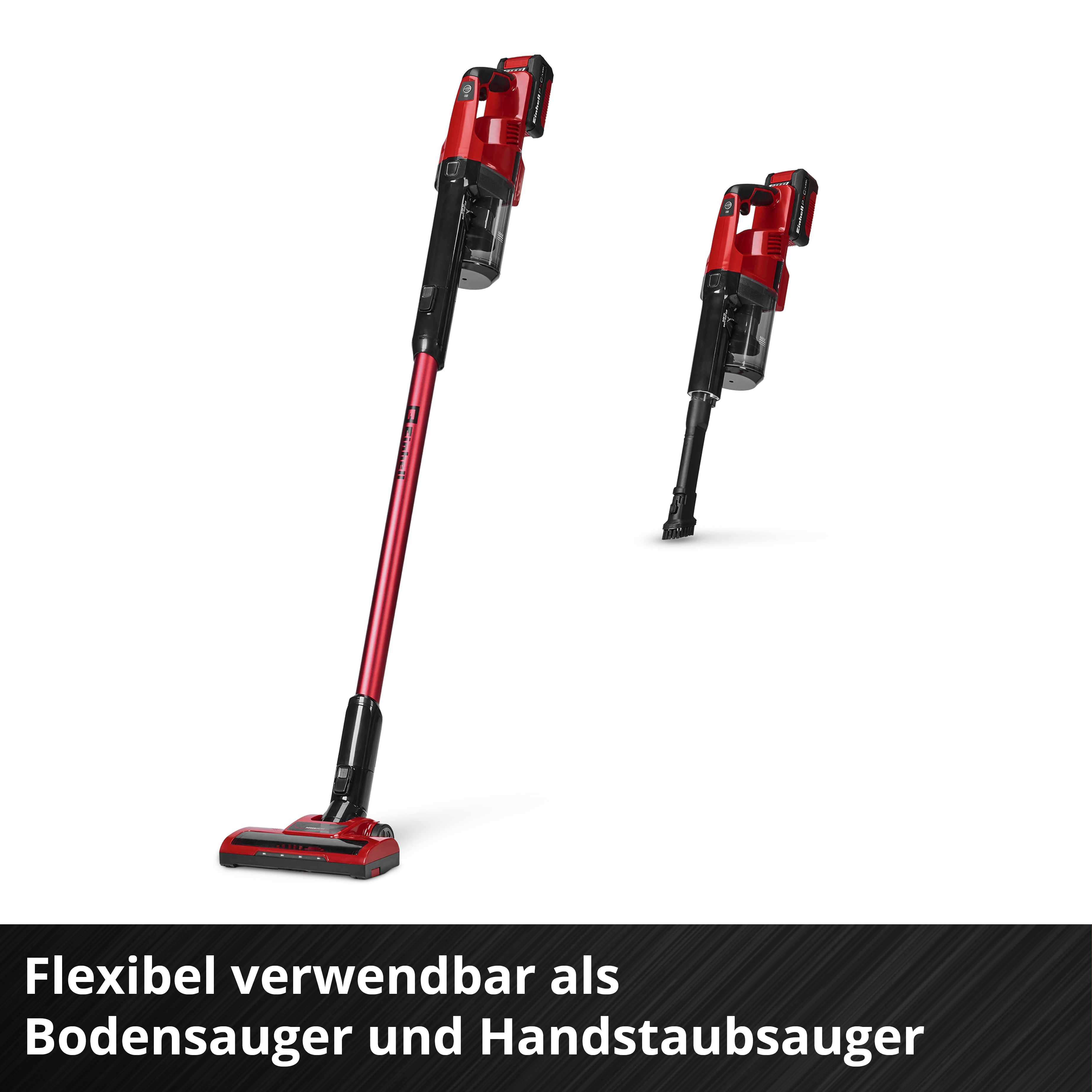 Zwei rote und schwarze Akku-Staubsauger, einer aufrecht, einer liegend.