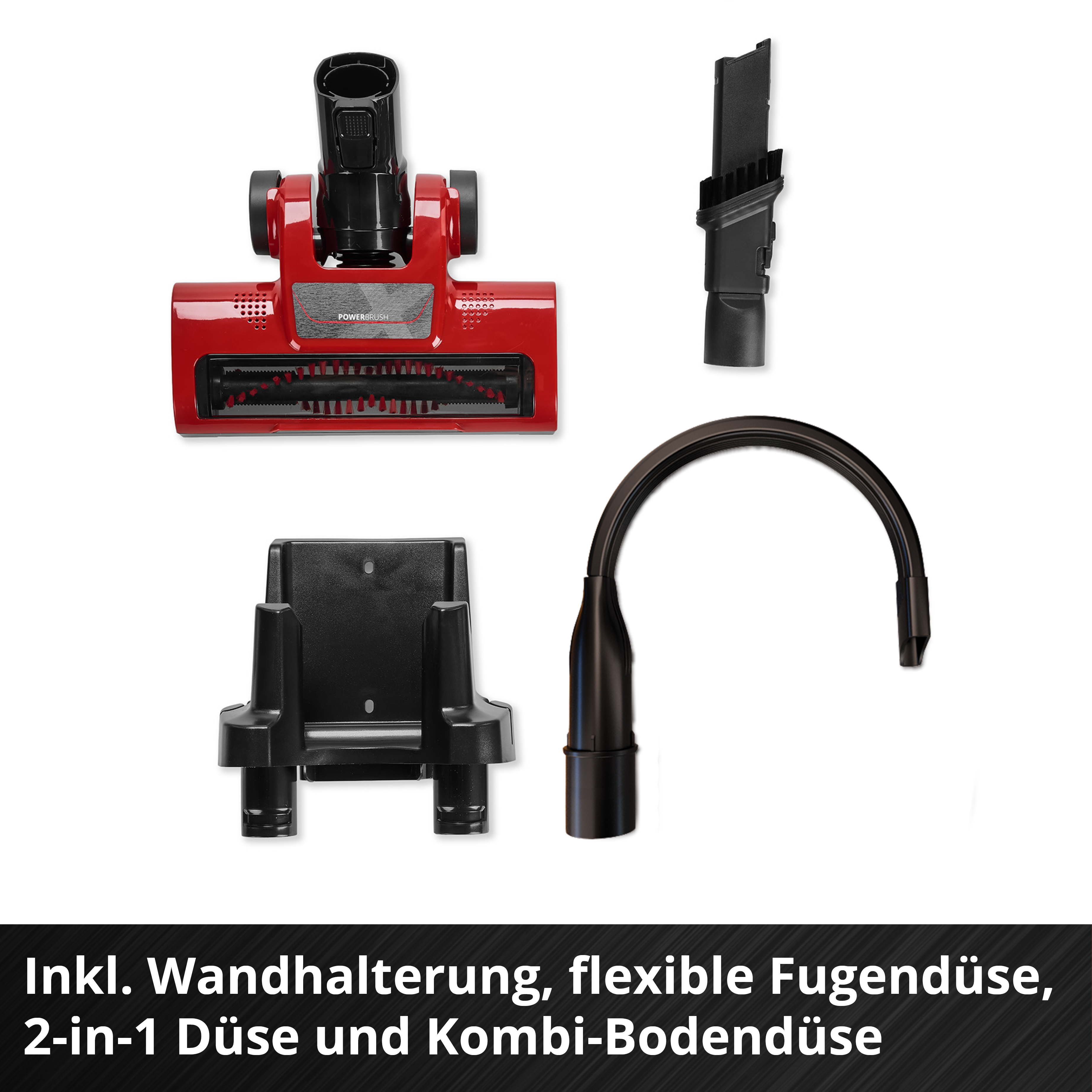 Rote und schwarze Staubsaugeraufsätze: Bodendüse, Fugendüse, Wandhalterung.