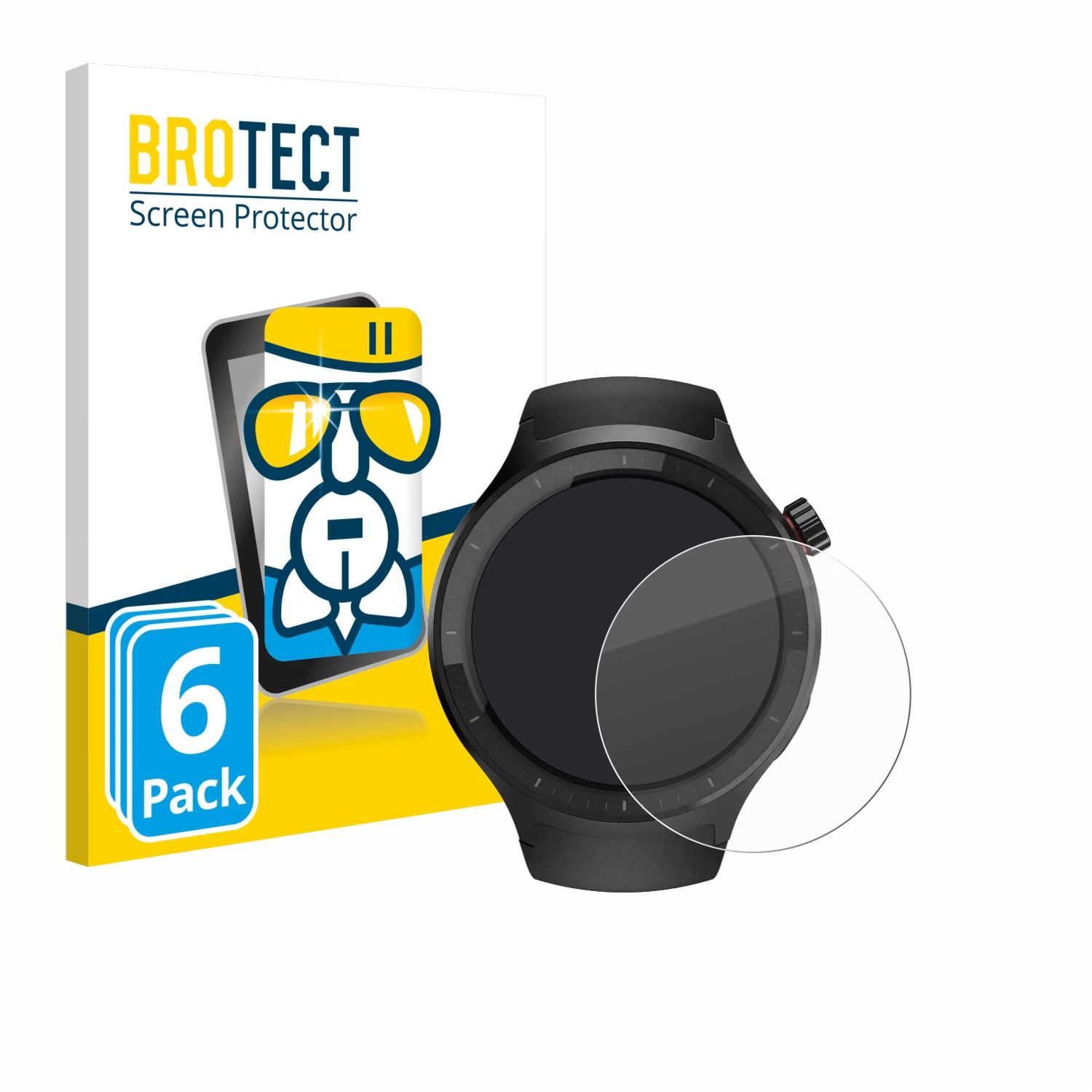 Schwarze Smartwatch mit einer Schutzfolie und einer 6er-Pack-Verpackung