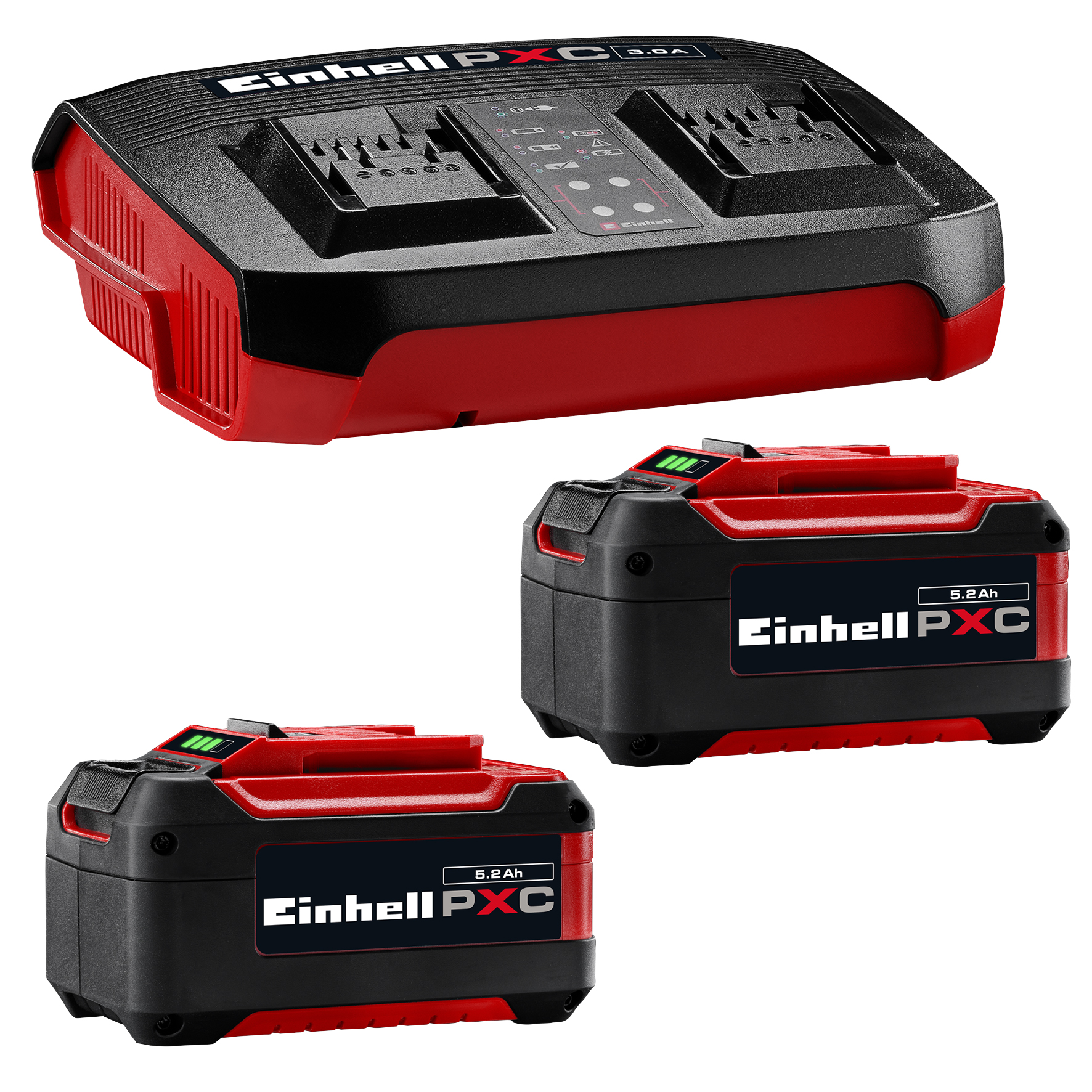 Ein schwarzer und roter Einhell PXC Doppelladegerät mit zwei Akkus.