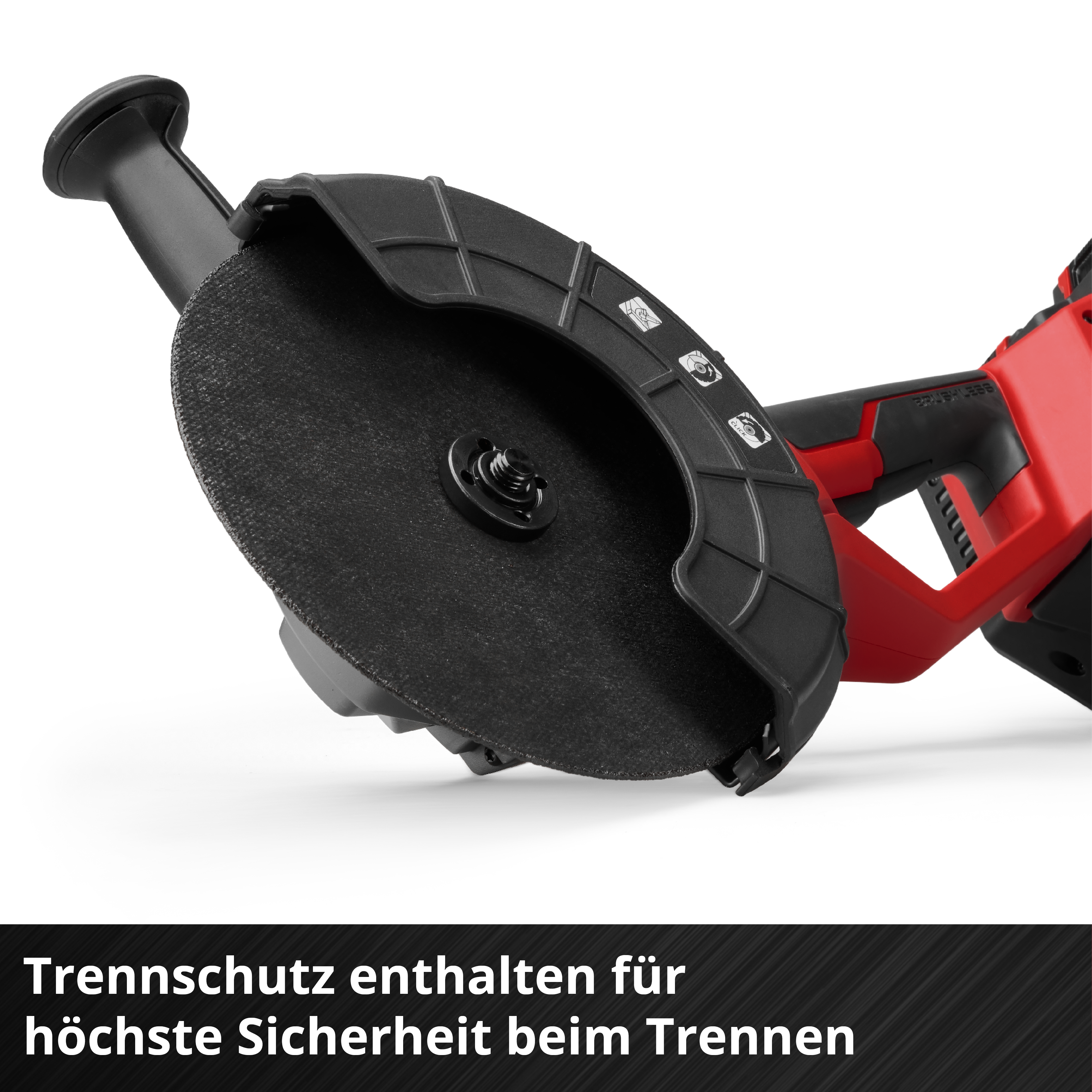 Rotes Elektrowerkzeug mit schwarzer Schutzhaube und Trennscheibe.