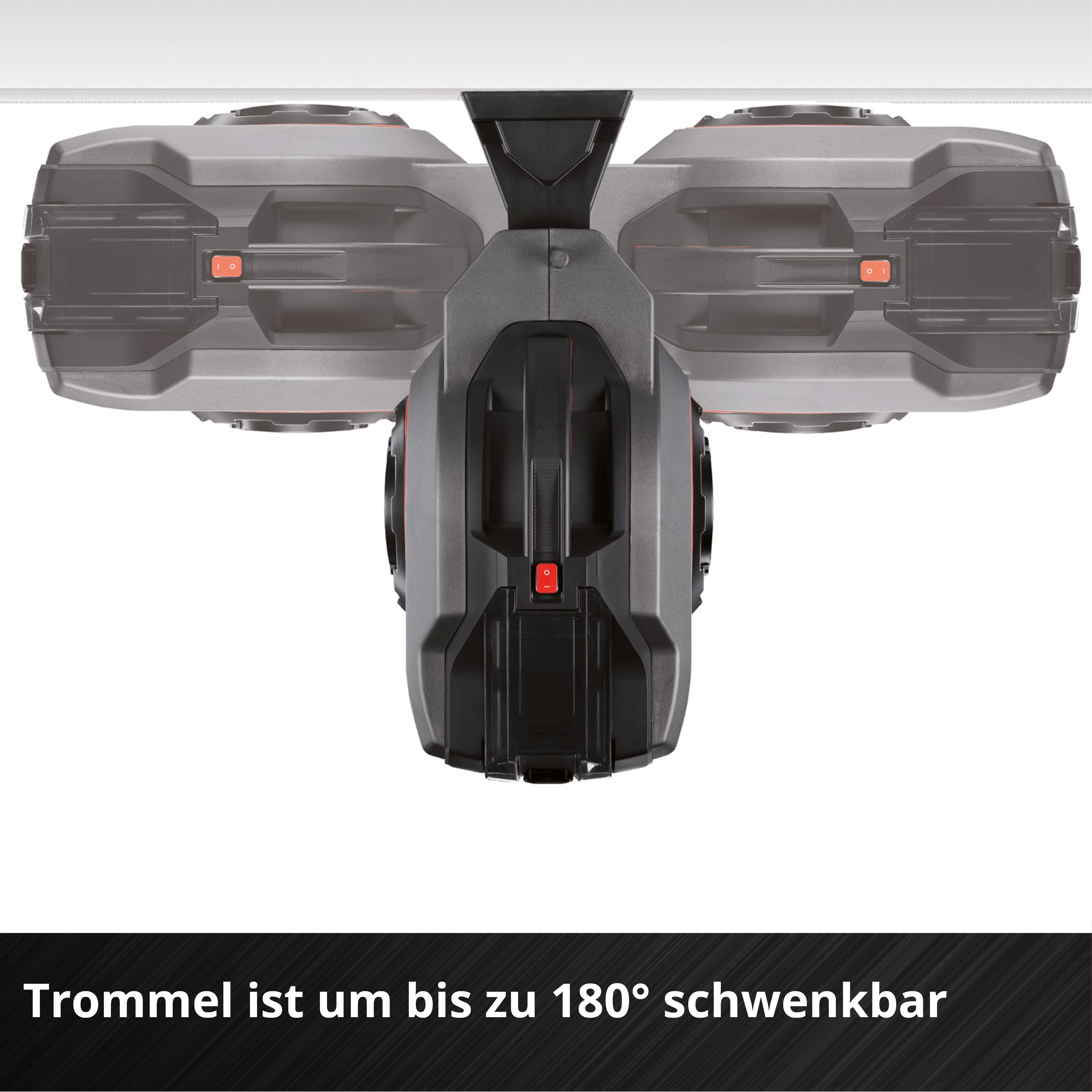 Ein graues und schwarzes Gerät mit roten Akzenten, schwenkbar.