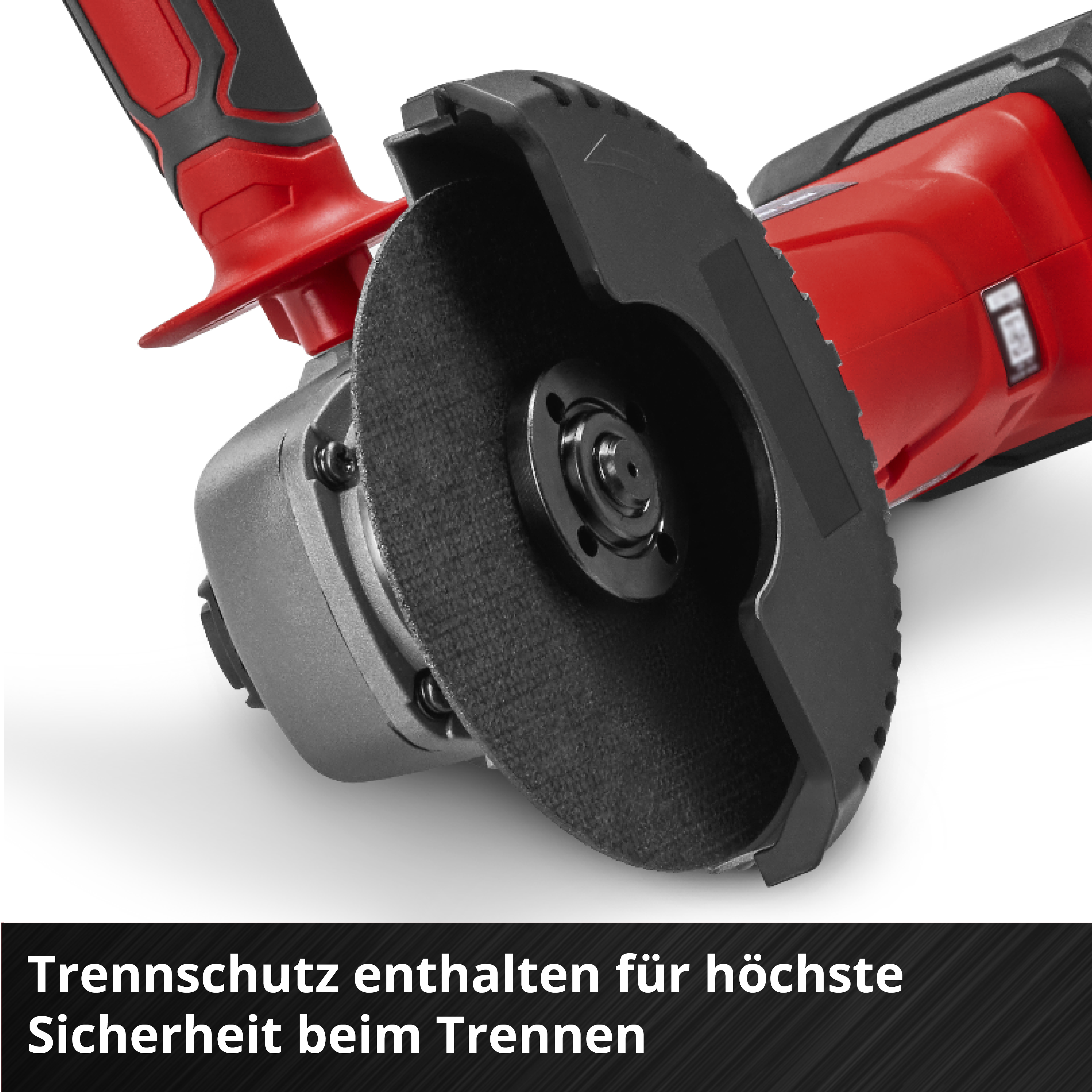 Rote und graue Winkelschleifmaschine mit Trennschutzscheibe.