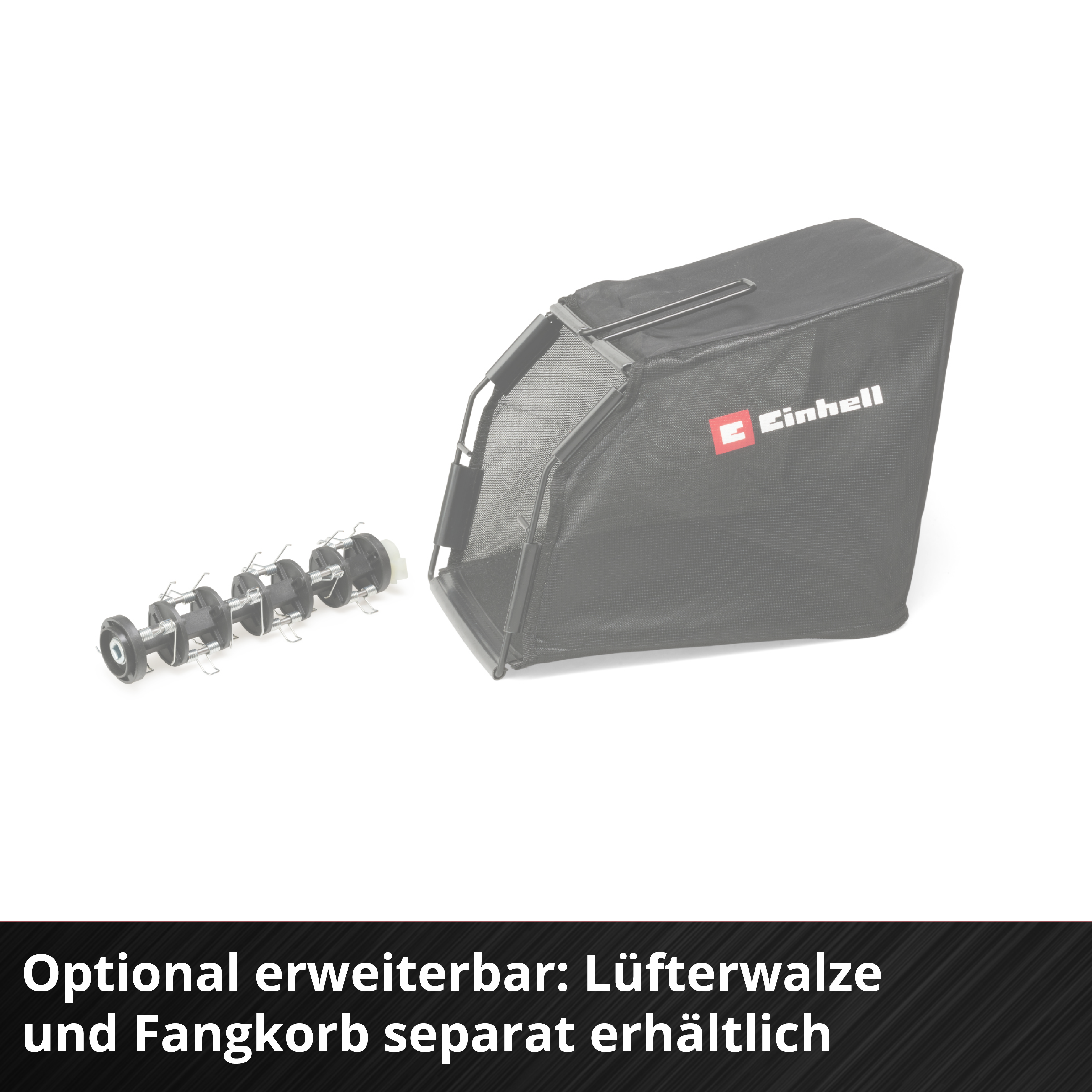 Ein schwarzer Netz-Grasfangkorb mit rotem und weißem Einhell-Logo und eine Metall-Vertikutierwalze mit Spikes auf weißem Hintergrund.