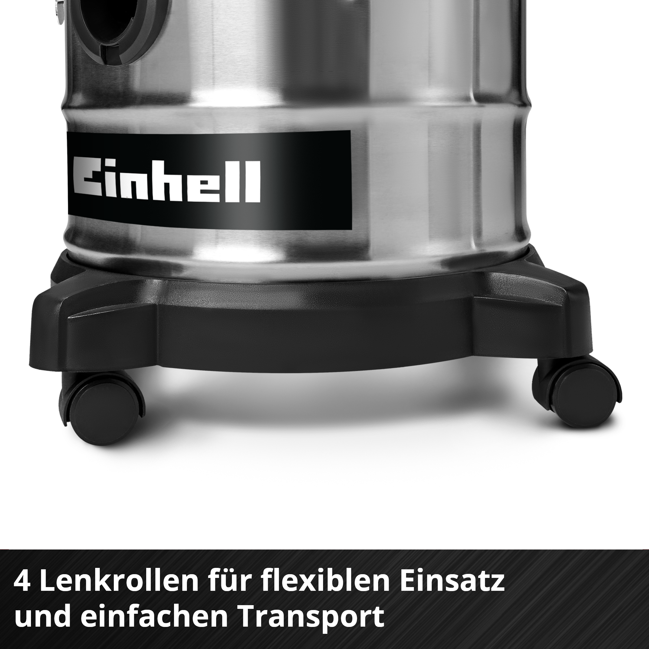 Aspirateur Einhell avec réservoir argenté, base noire et quatre roulettes.