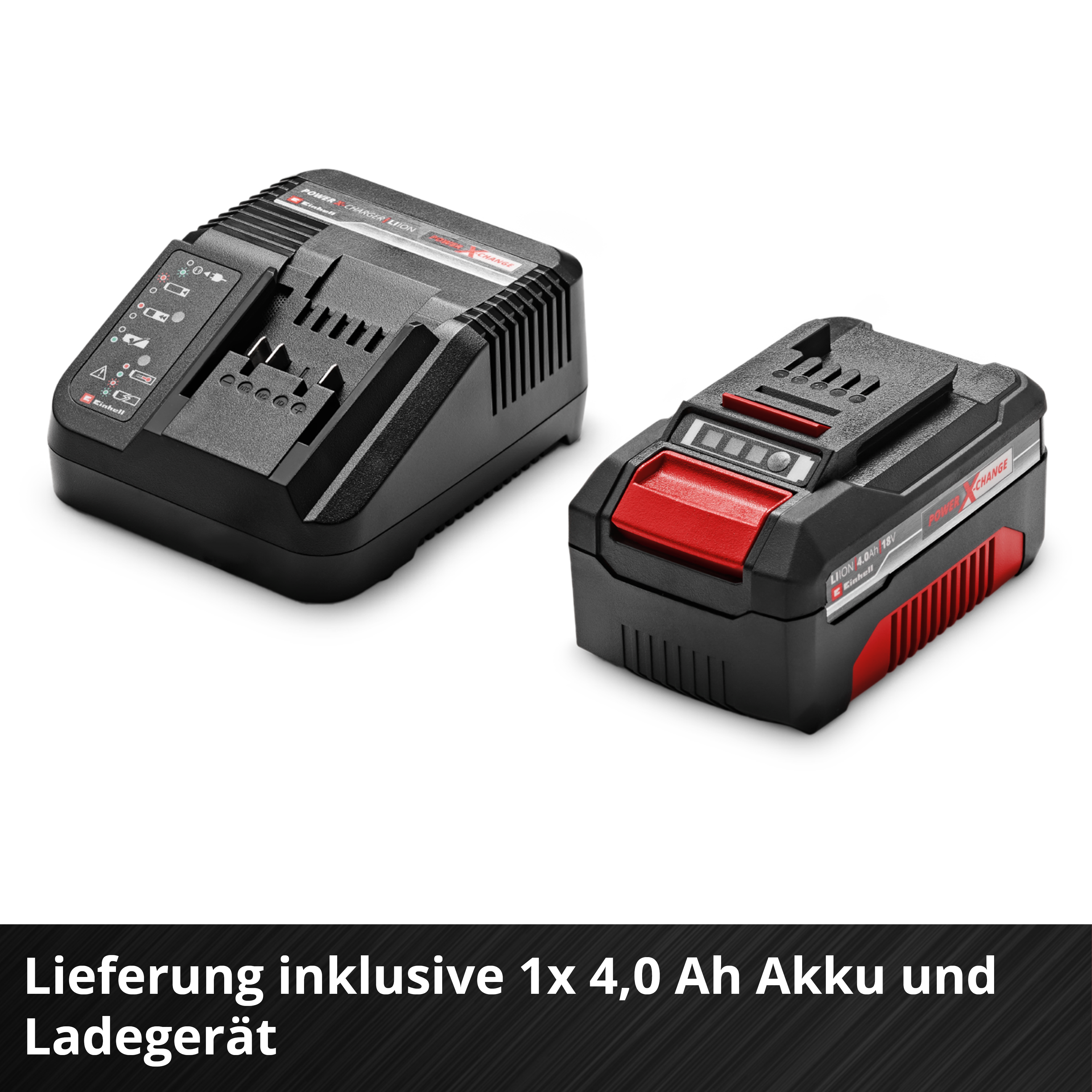 Schwarzes Ladegerät und Akku mit roten Akzenten auf weißem Hintergrund.