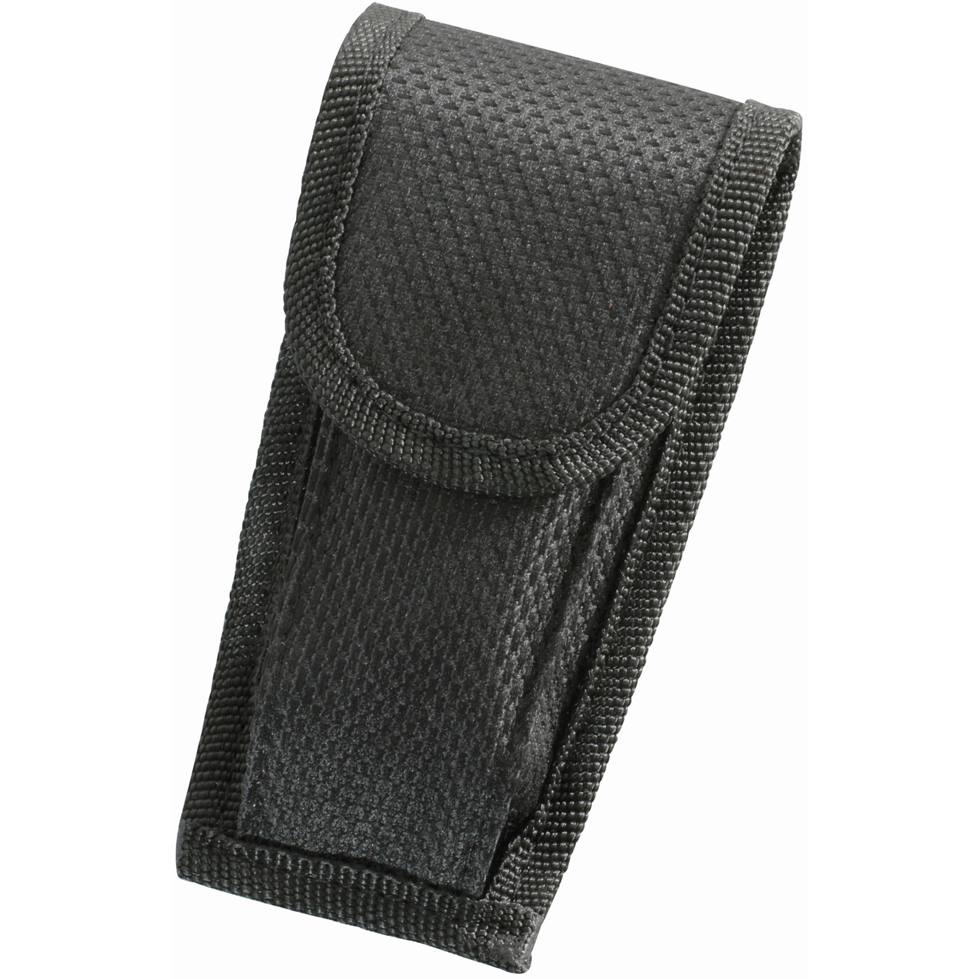 Schwarze Stofftasche mit Klettverschluss, auf weißem Hintergrund.