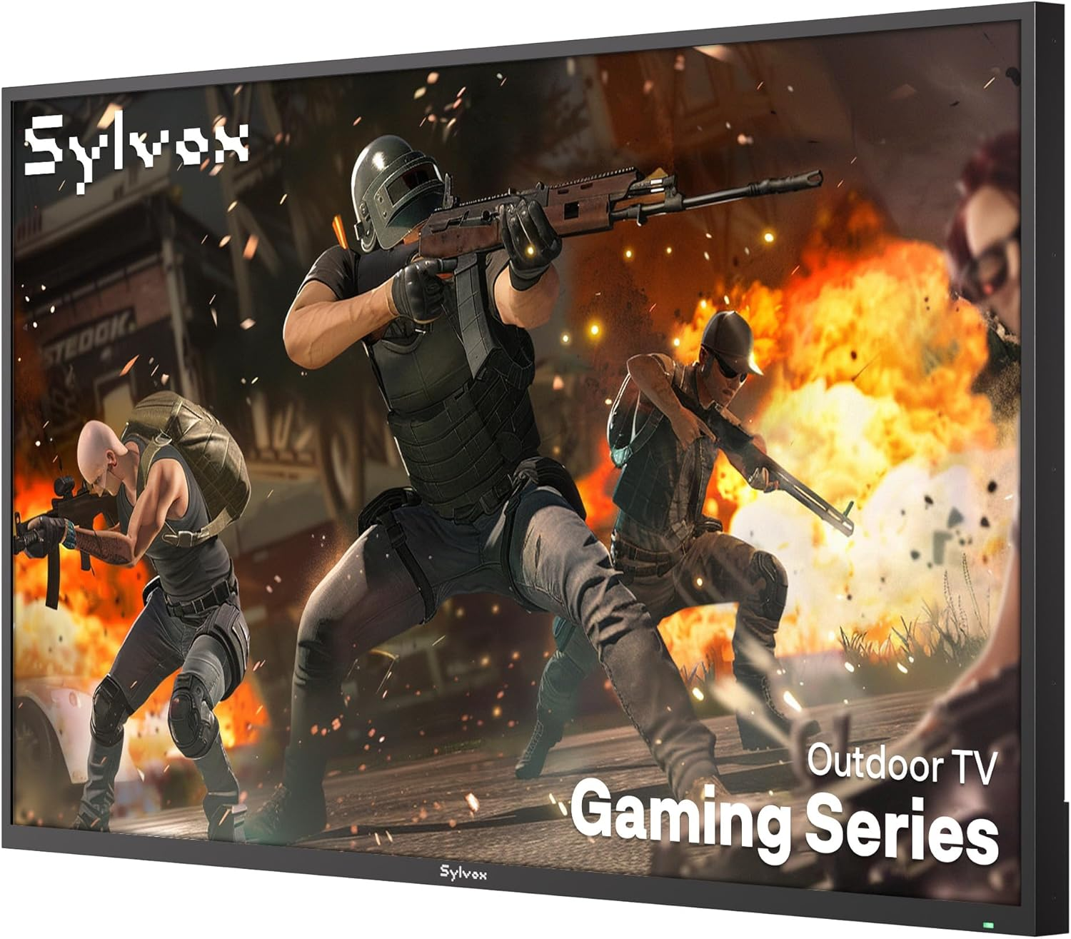 Jugadores con armas frente a explosiones, Serie Gaming Sylvox.