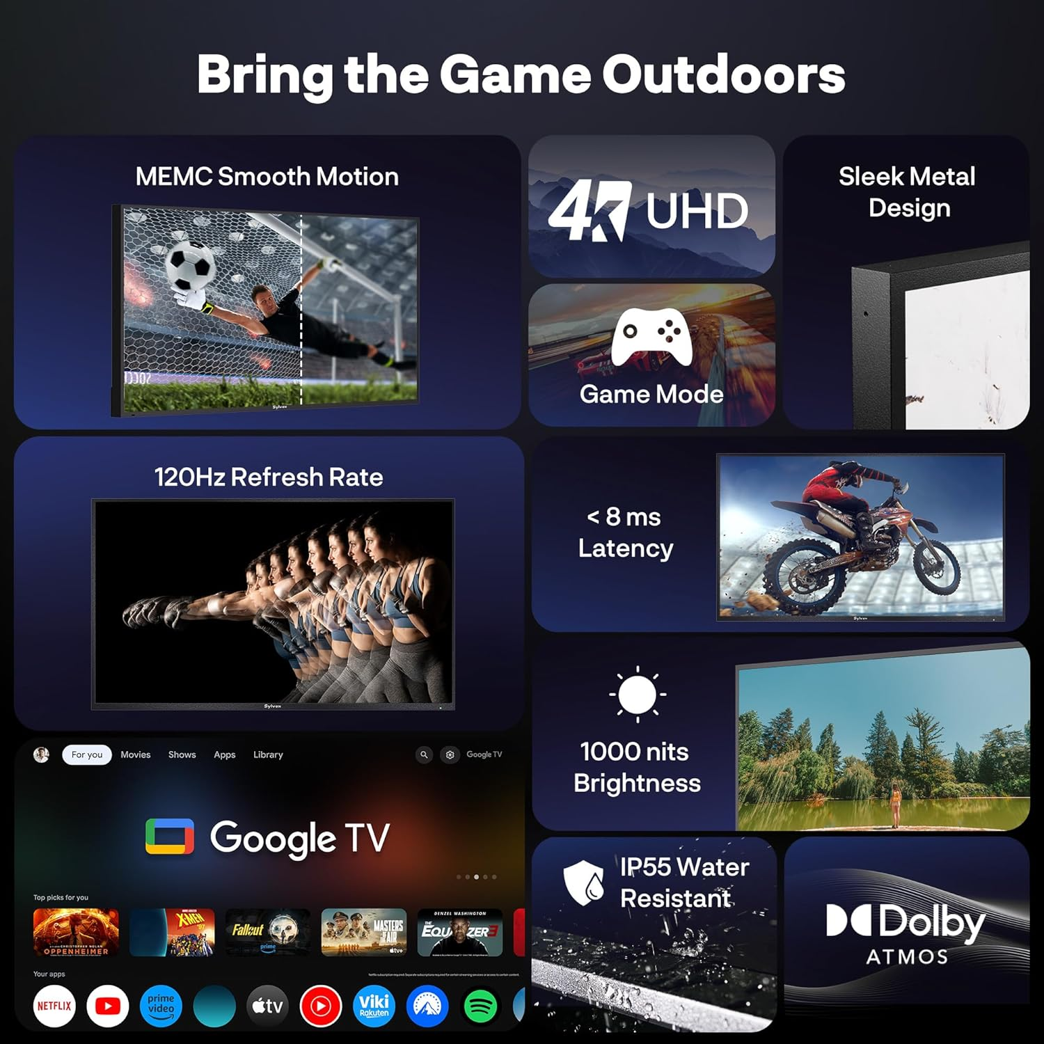 Una pantalla muestra fútbol, juegos, motocross y logo Dolby Atmos.