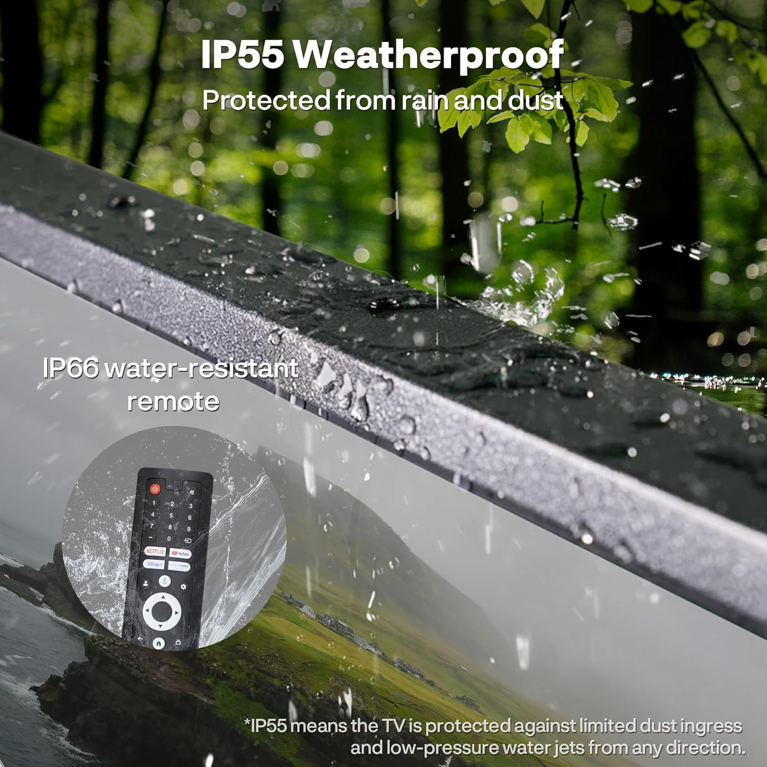 TV mit IP55 wetterfester Schutzart. Fernbedienung ist IP66 wasserdicht.