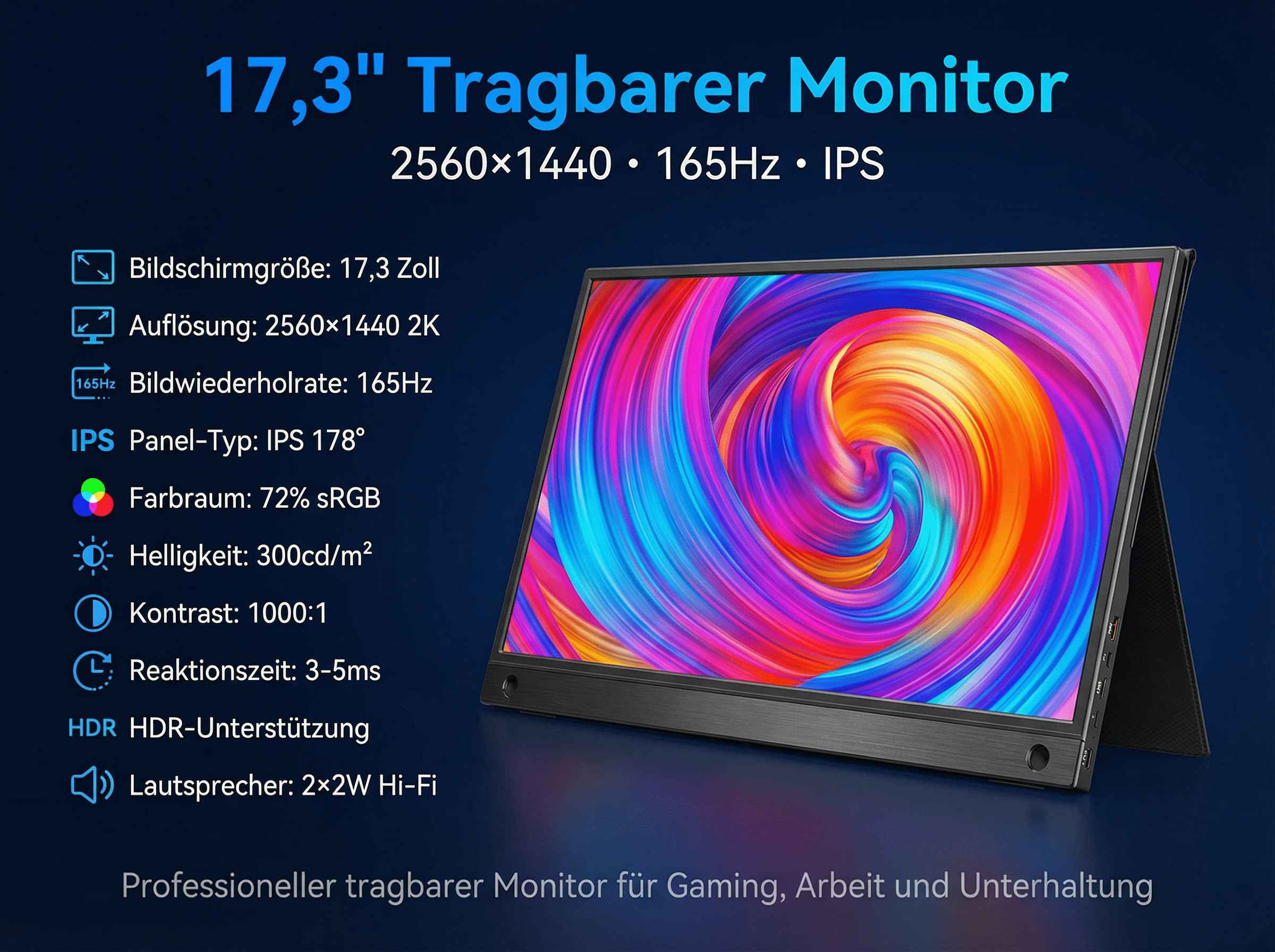 17,3 Zoll tragbarer Monitor mit 2560x1440 Auflösung und 165Hz.