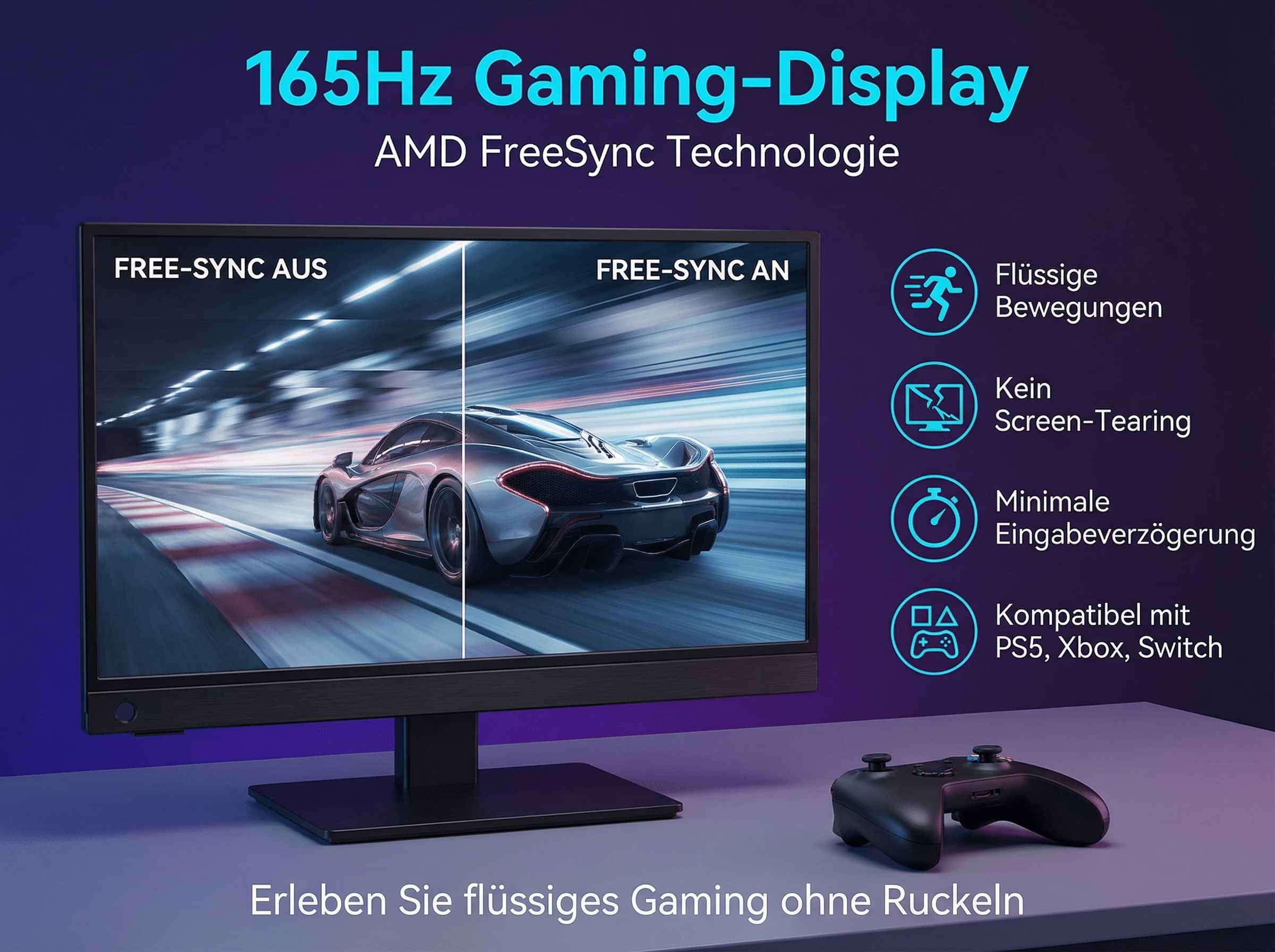 165Hz Gaming-Display mit AMD FreeSync Technologie und einem Rennwagen-Motiv.