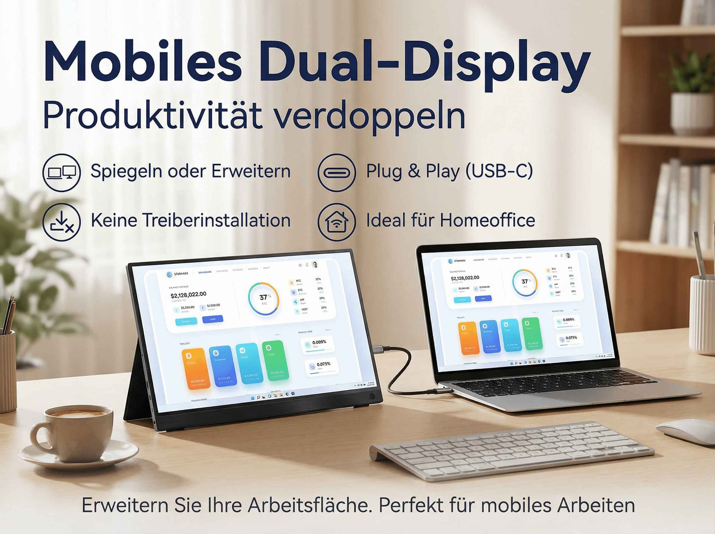 Ein mobiler Dual-Display-Aufbau mit Laptop, externem Monitor, Tastatur und Maus.